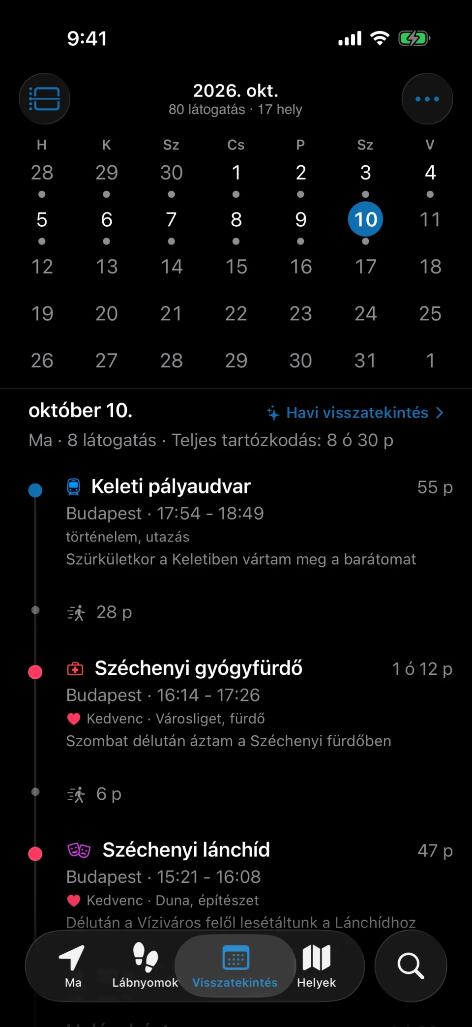 A MeTrail Visszatekintés lapja a hónap rögzített napjaival