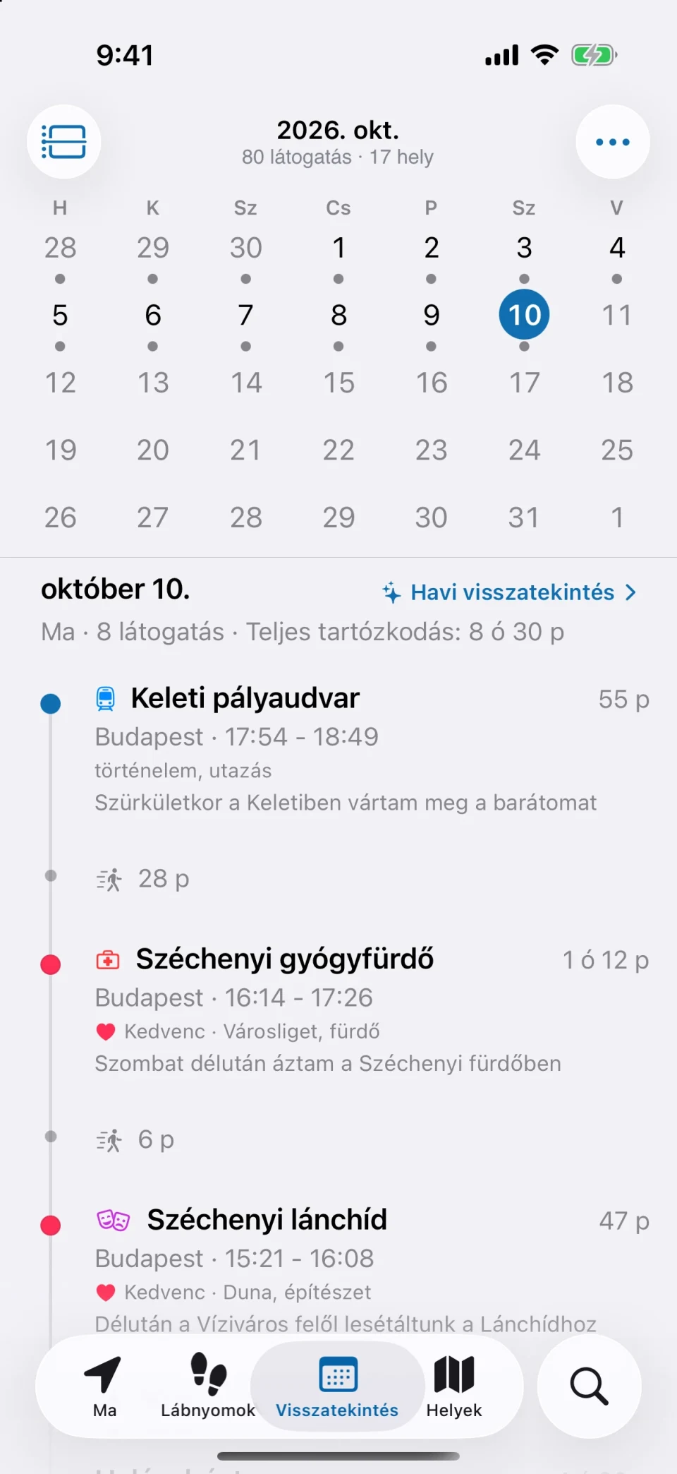 A MeTrail Visszatekintés lapja a hónap rögzített napjaival