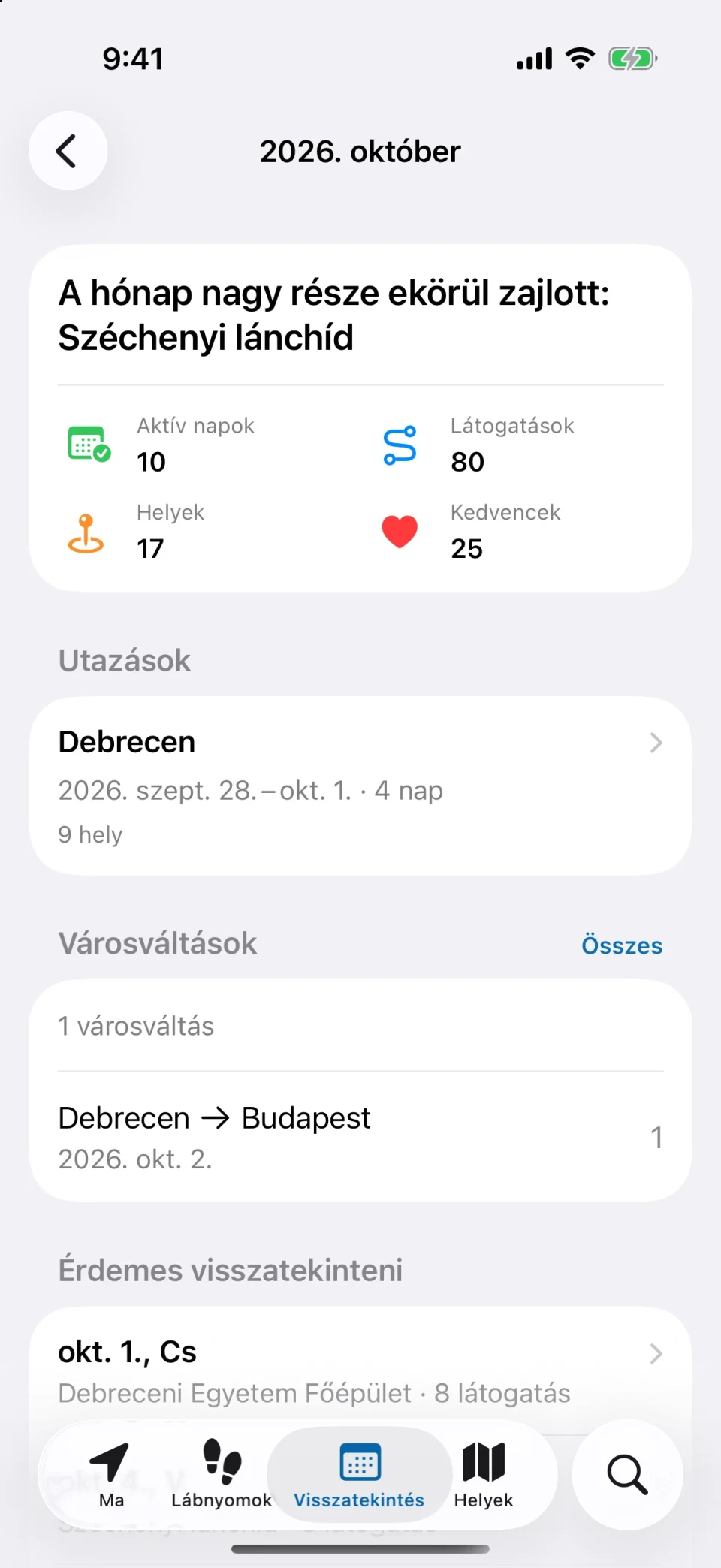 Havi visszatekintés a MeTrailben az aktív napokkal, a látogatások számával és az előző hónappal való összevetéssel
