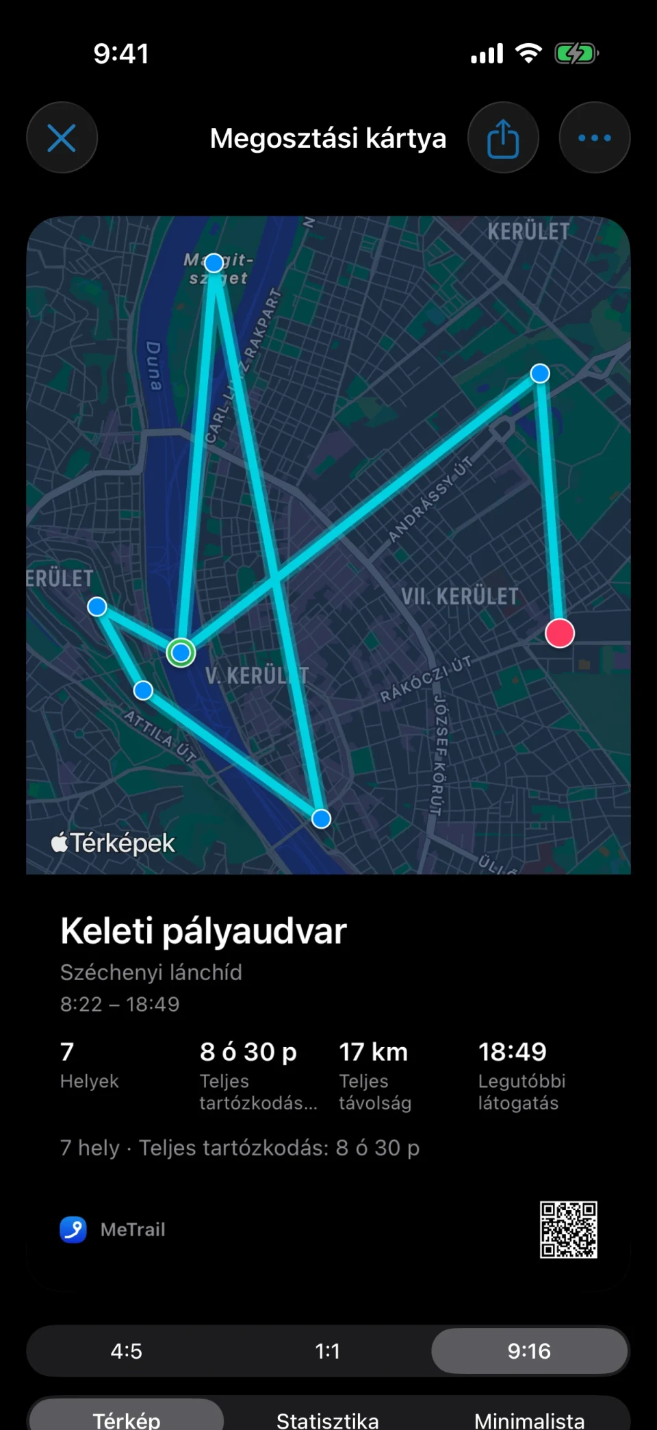 Megosztási kártya a MeTrailben térképpel és a tartózkodás összefoglalójával
