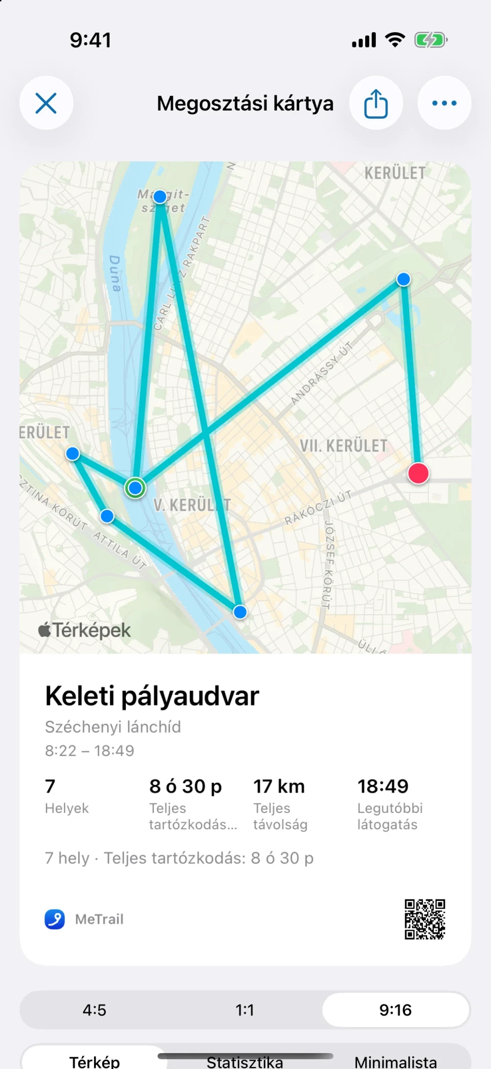 Megosztási kártya a MeTrailben térképpel és a tartózkodás összefoglalójával