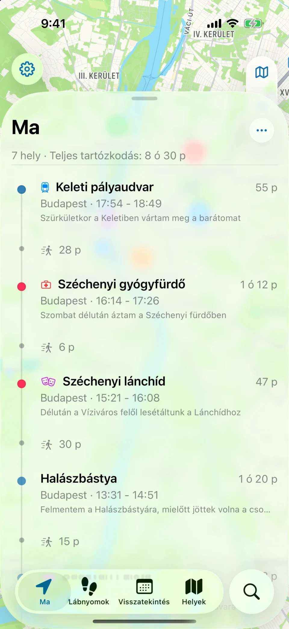 A MeTrail Ma képernyője a nap útvonalával és a helyekkel sorrendben