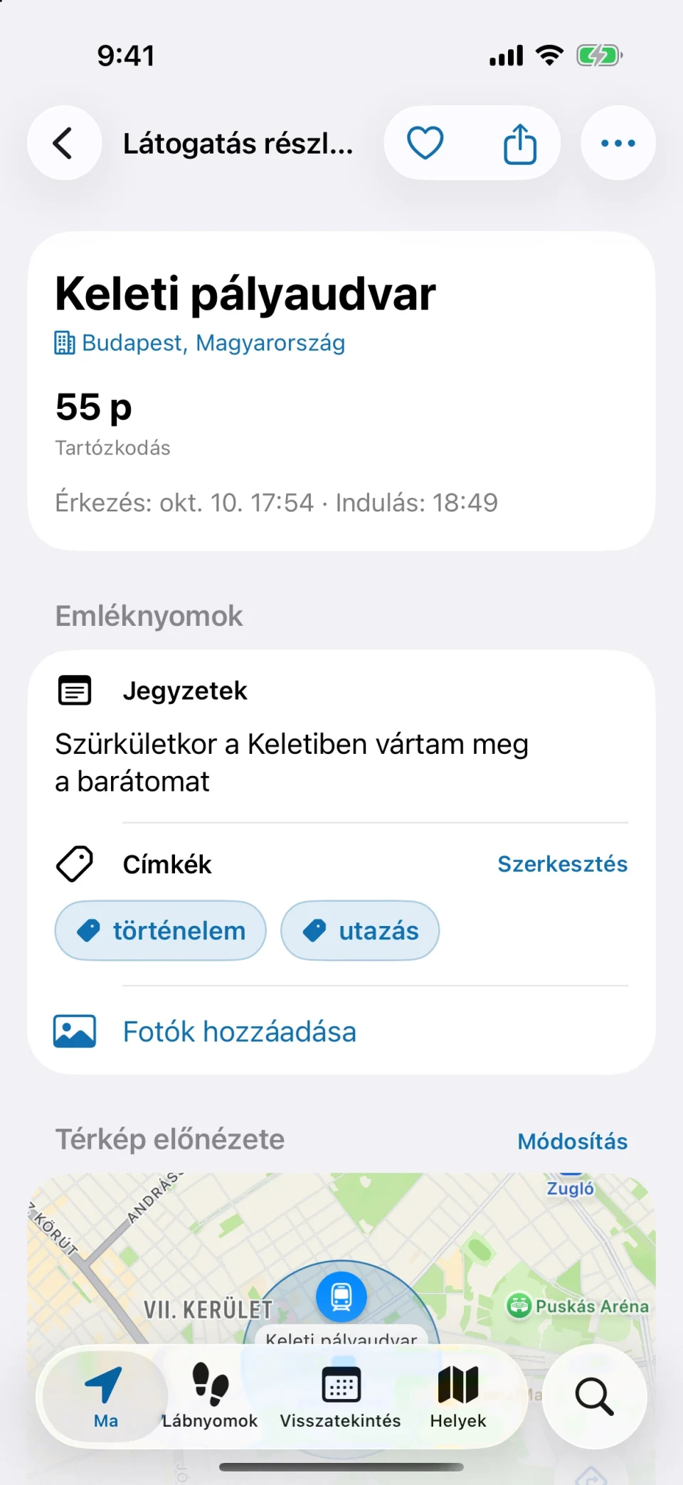 Látogatás részletei a MeTrailben a tartózkodás idejével, gyorsműveletekkel és mentett jegyzetekkel