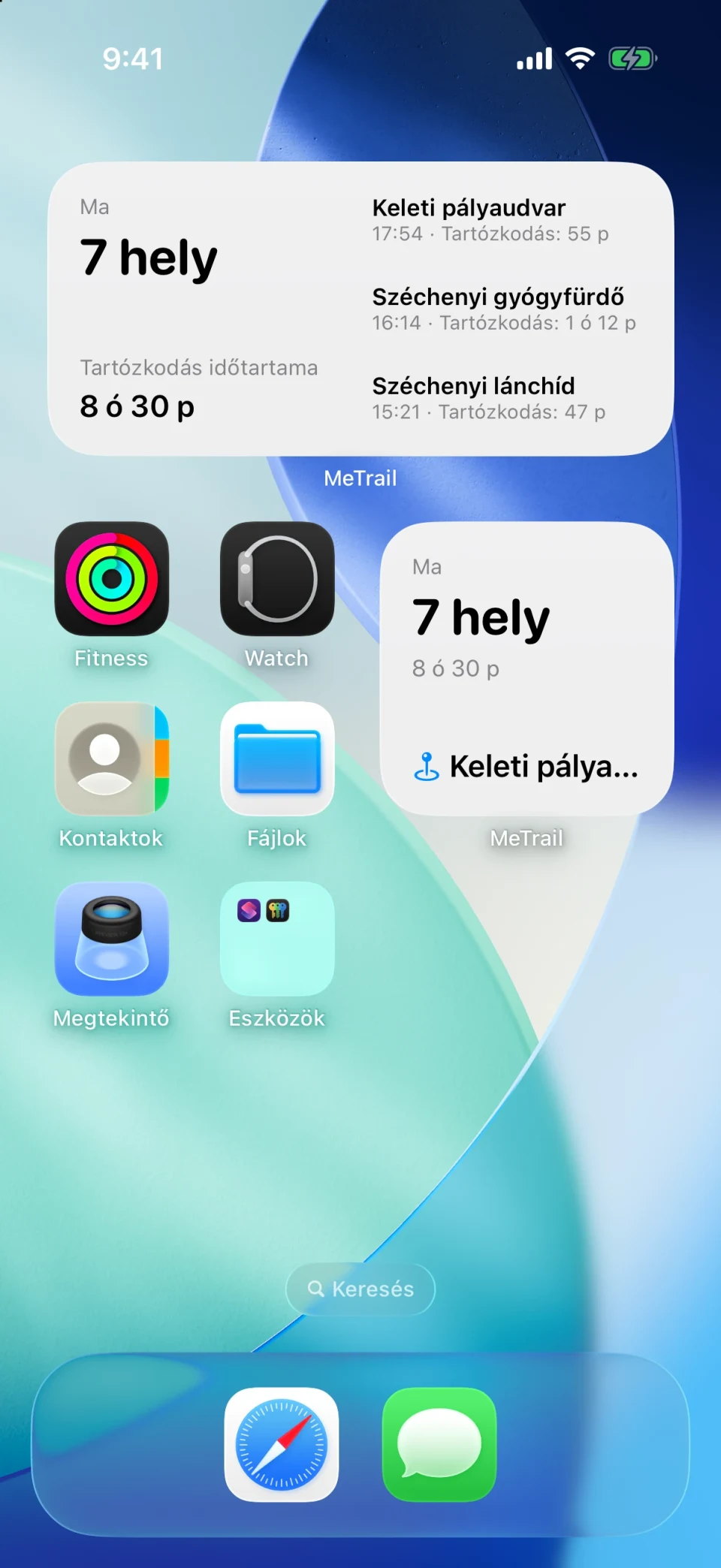 MeTrail-widget a főképernyőn a nap összefoglalójával és a legutóbbi bejegyzésekkel
