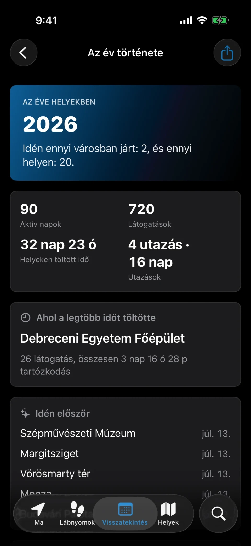 Az év története a MeTrailben az éves látogatási statisztikákkal, új helyekkel és havi lábnyomokkal