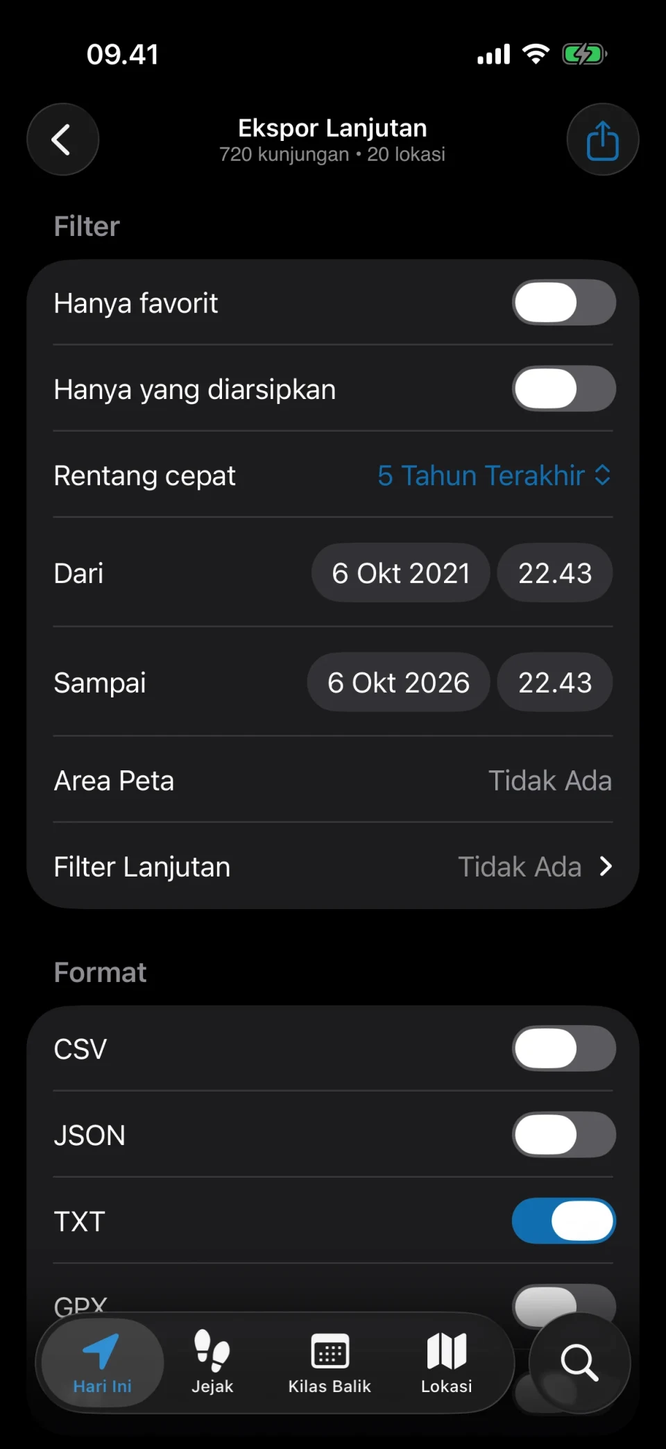 Ekspor lanjutan di MeTrail dengan filter dan pilihan format