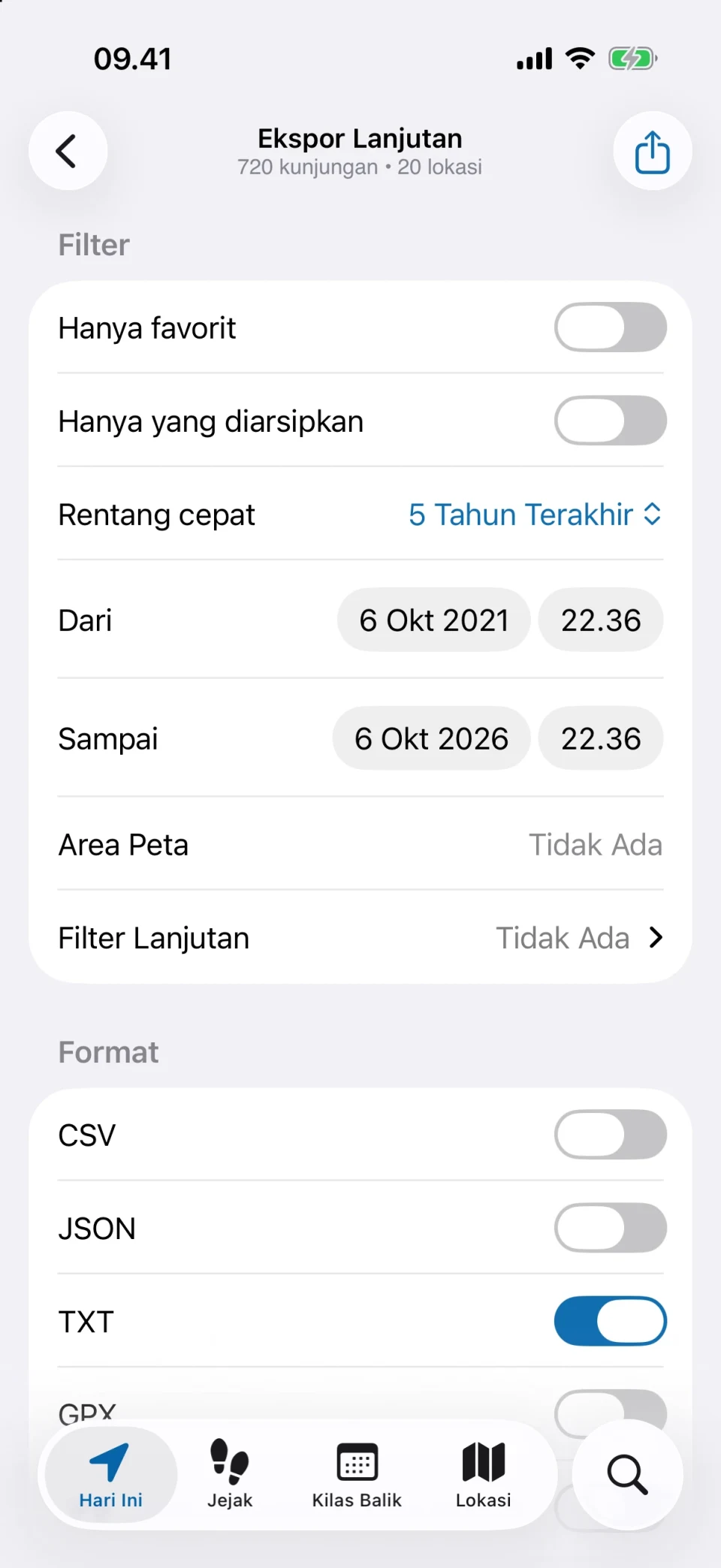 Ekspor lanjutan di MeTrail dengan filter dan pilihan format