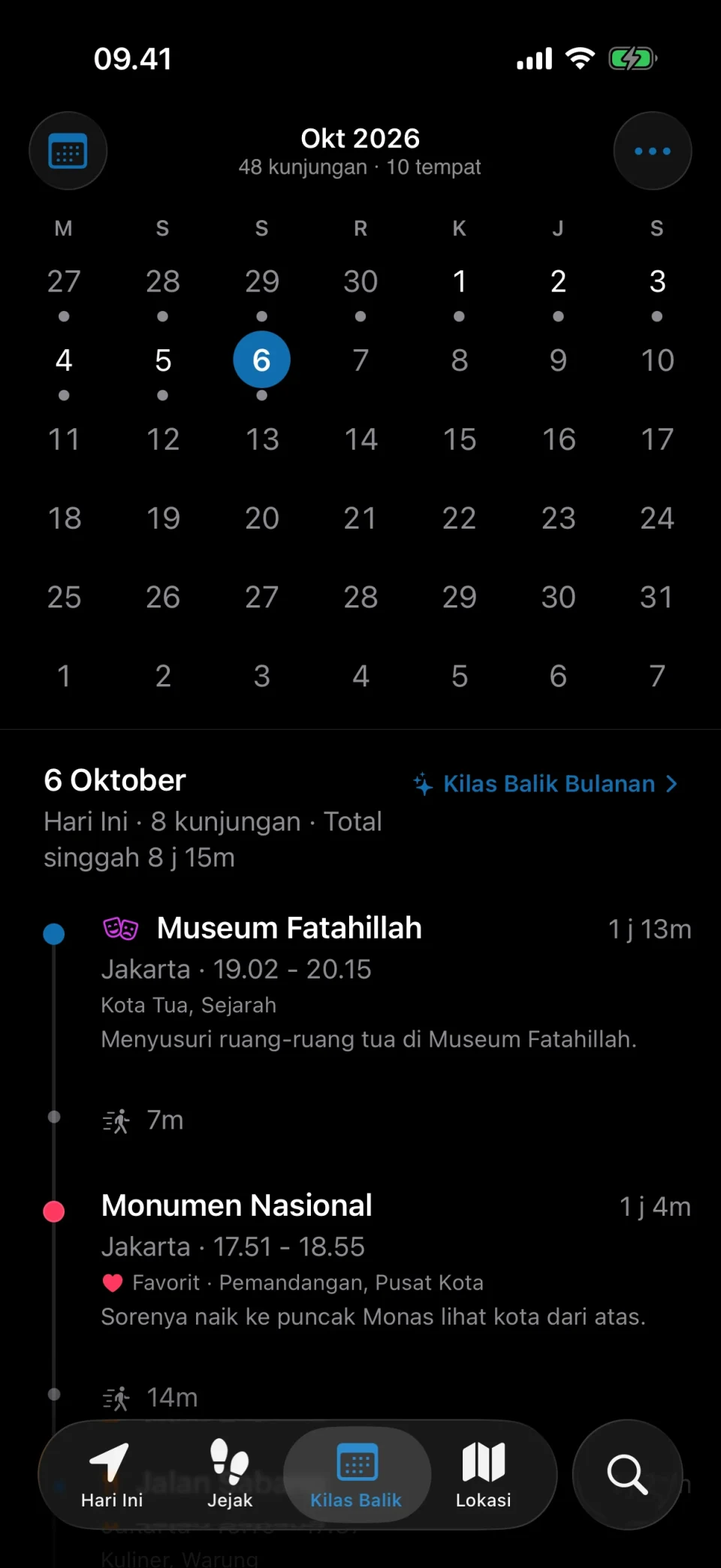 Tab Kilas Balik di MeTrail yang menunjukkan hari-hari tercatat selama sebulan