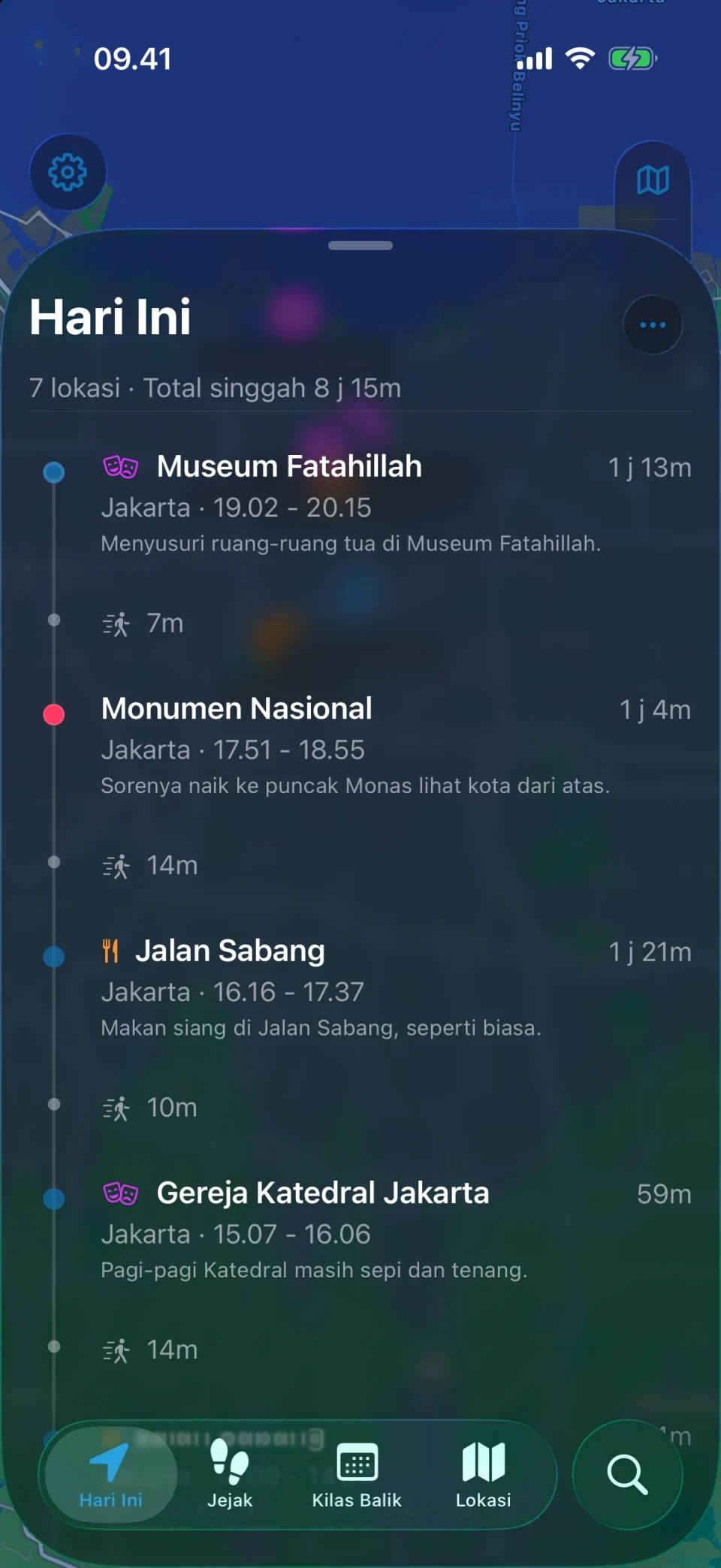 Tampilan Hari Ini di MeTrail dengan lintasan hari itu dan daftar lokasi berurutan