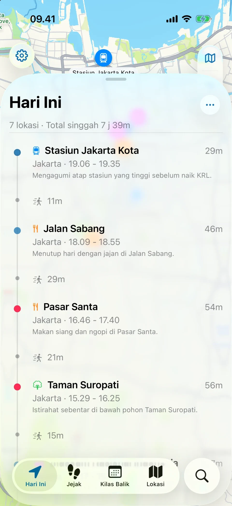 Tampilan Hari Ini di MeTrail dengan lintasan hari itu dan daftar lokasi berurutan