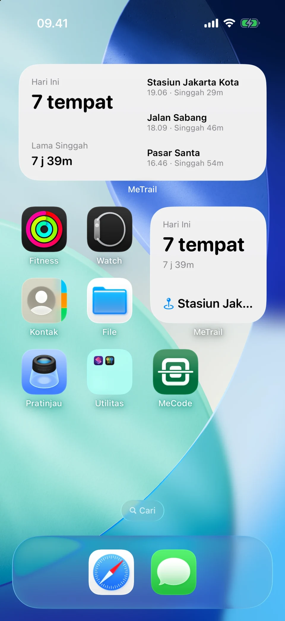 Widget Layar Utama MeTrail yang menunjukkan ringkasan hari ini dan catatan terbaru