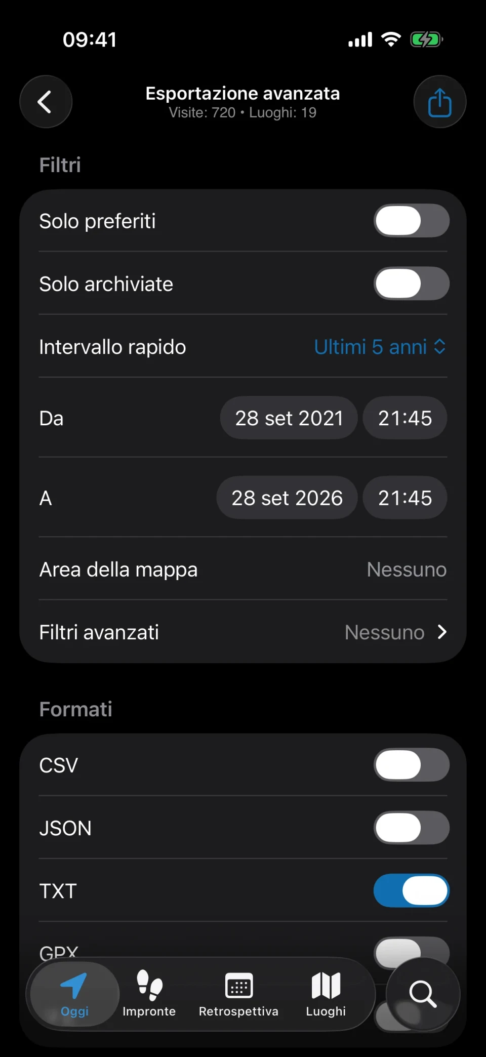 Esportazione avanzata di MeTrail con filtri e scelta del formato