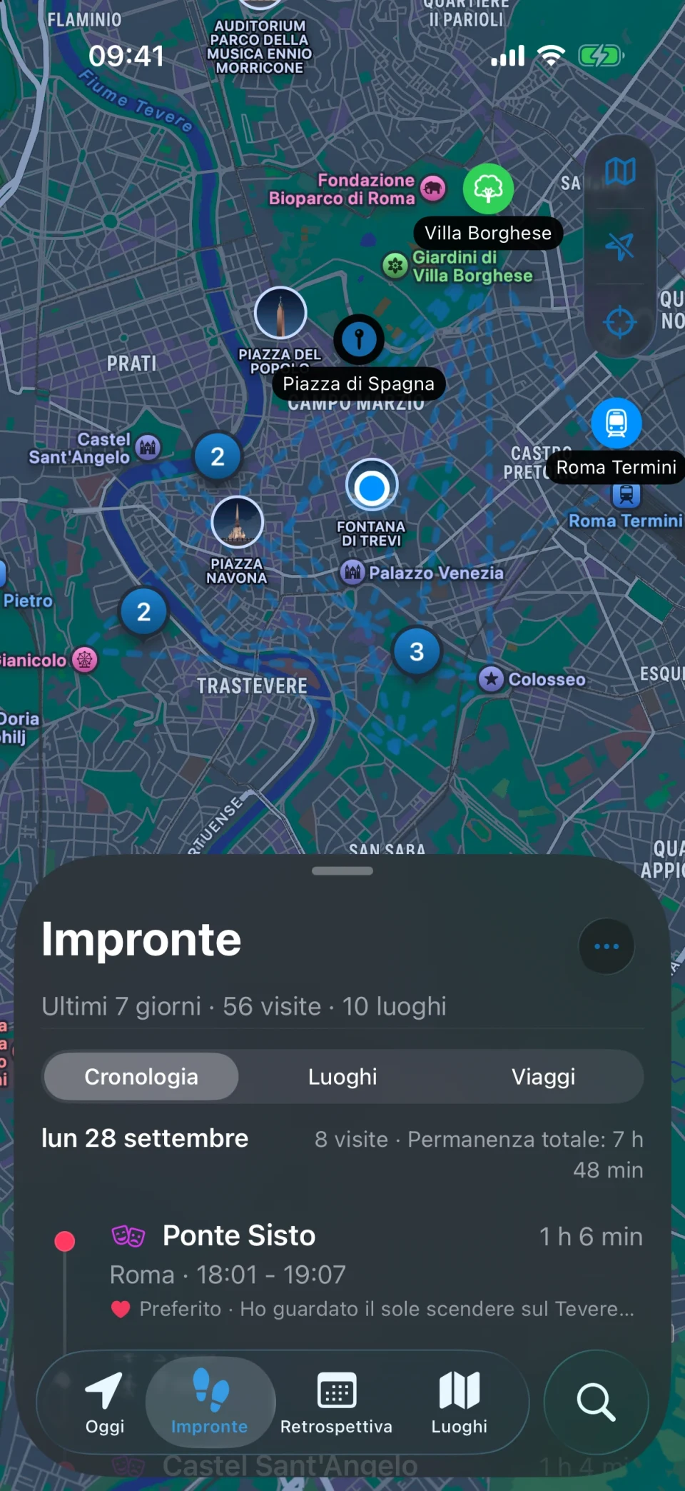 Vista Impronte di MeTrail con un riepilogo dei luoghi visitati e l’elenco delle visite giorno per giorno