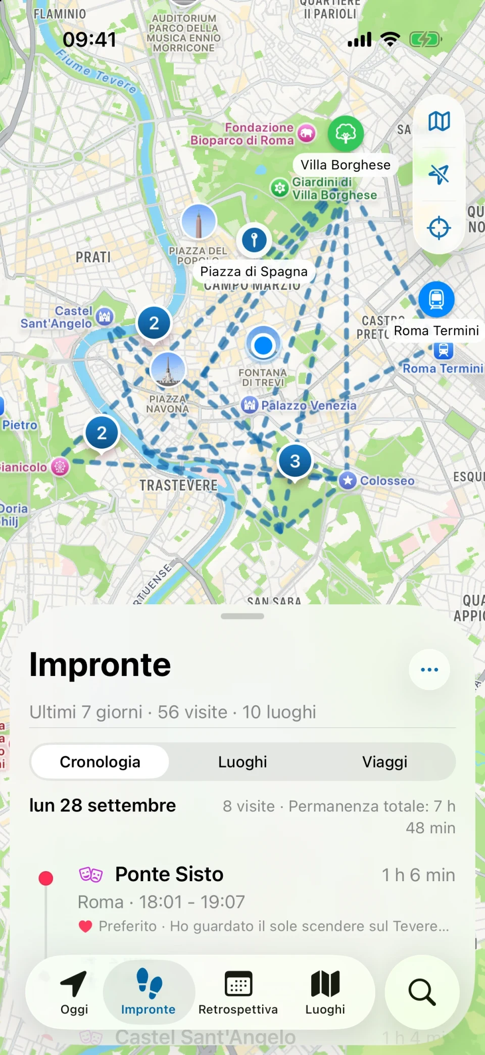 Vista Impronte di MeTrail con un riepilogo dei luoghi visitati e l’elenco delle visite giorno per giorno