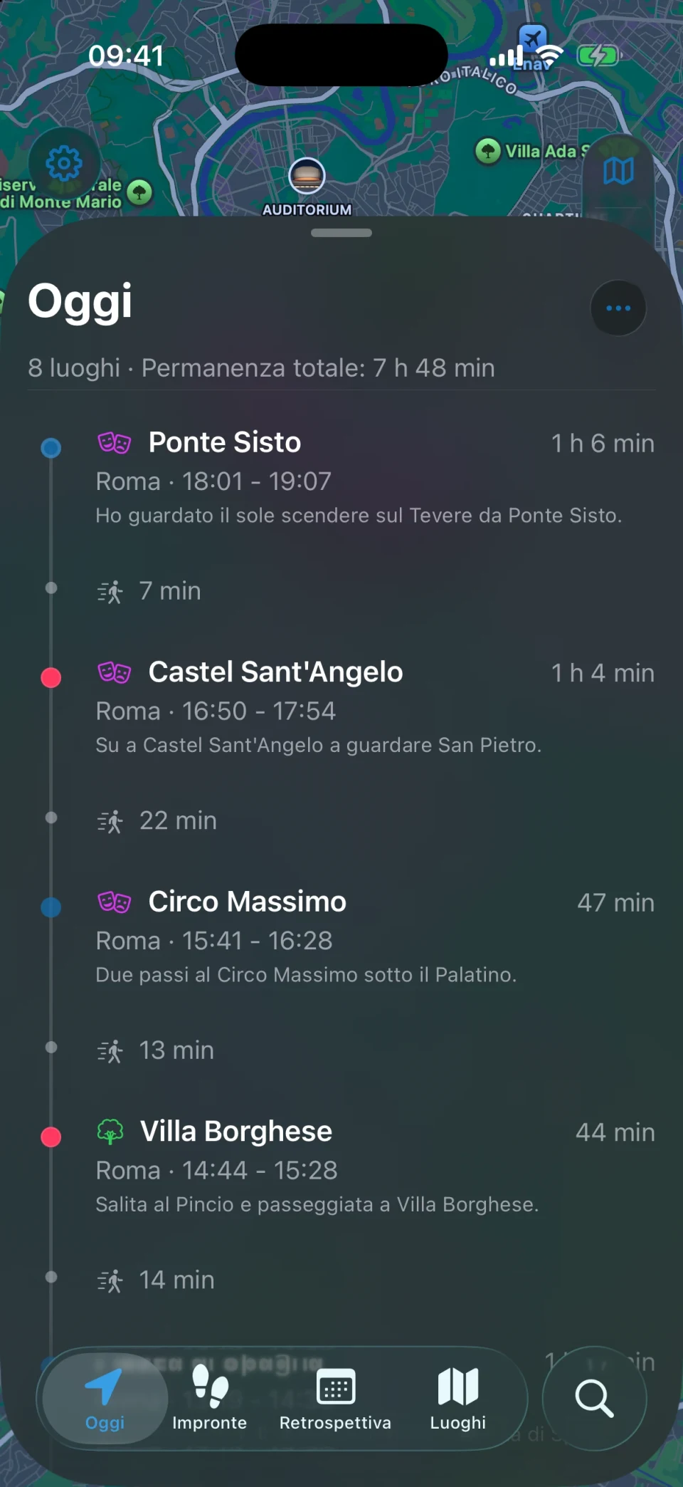Vista Oggi di MeTrail con il percorso della giornata e i luoghi elencati in ordine