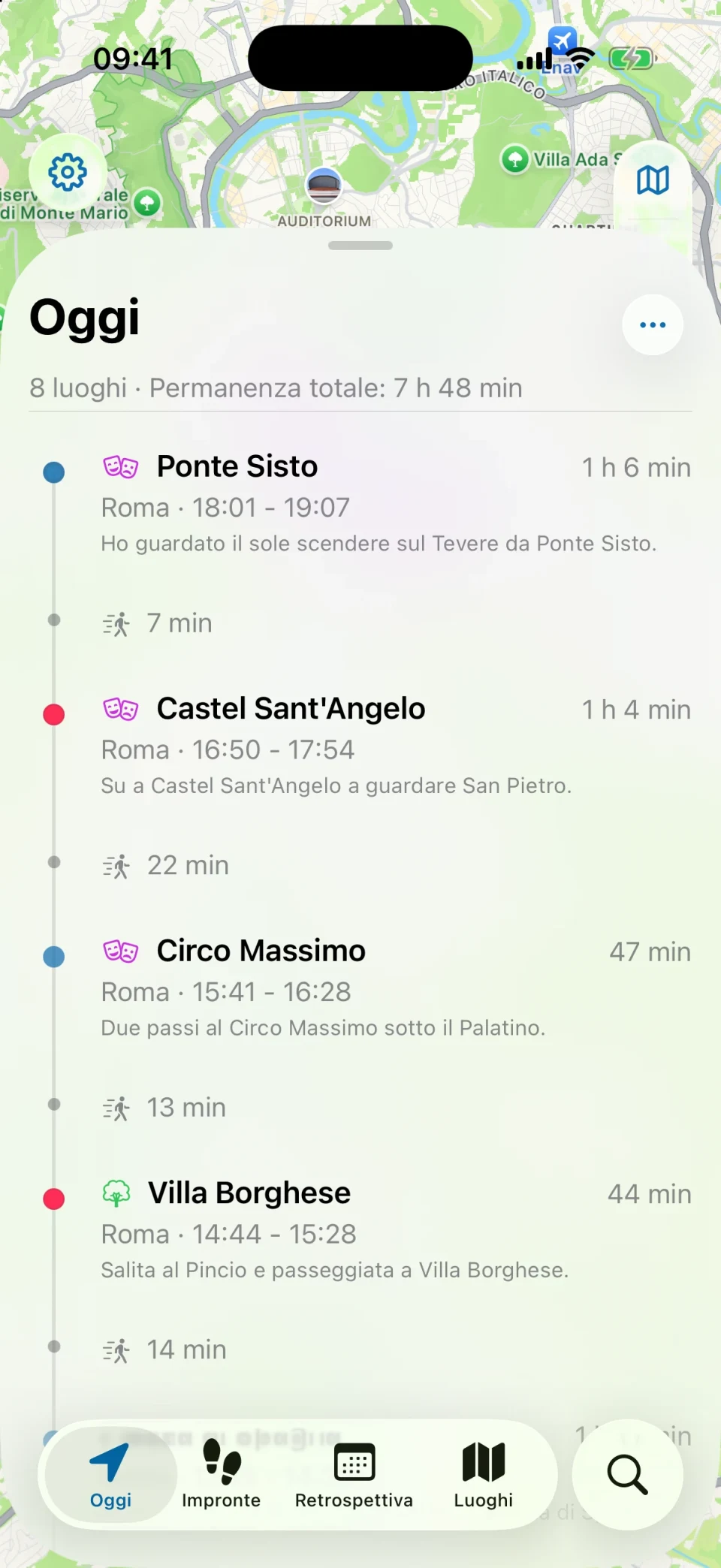 Vista Oggi di MeTrail con il percorso della giornata e i luoghi elencati in ordine