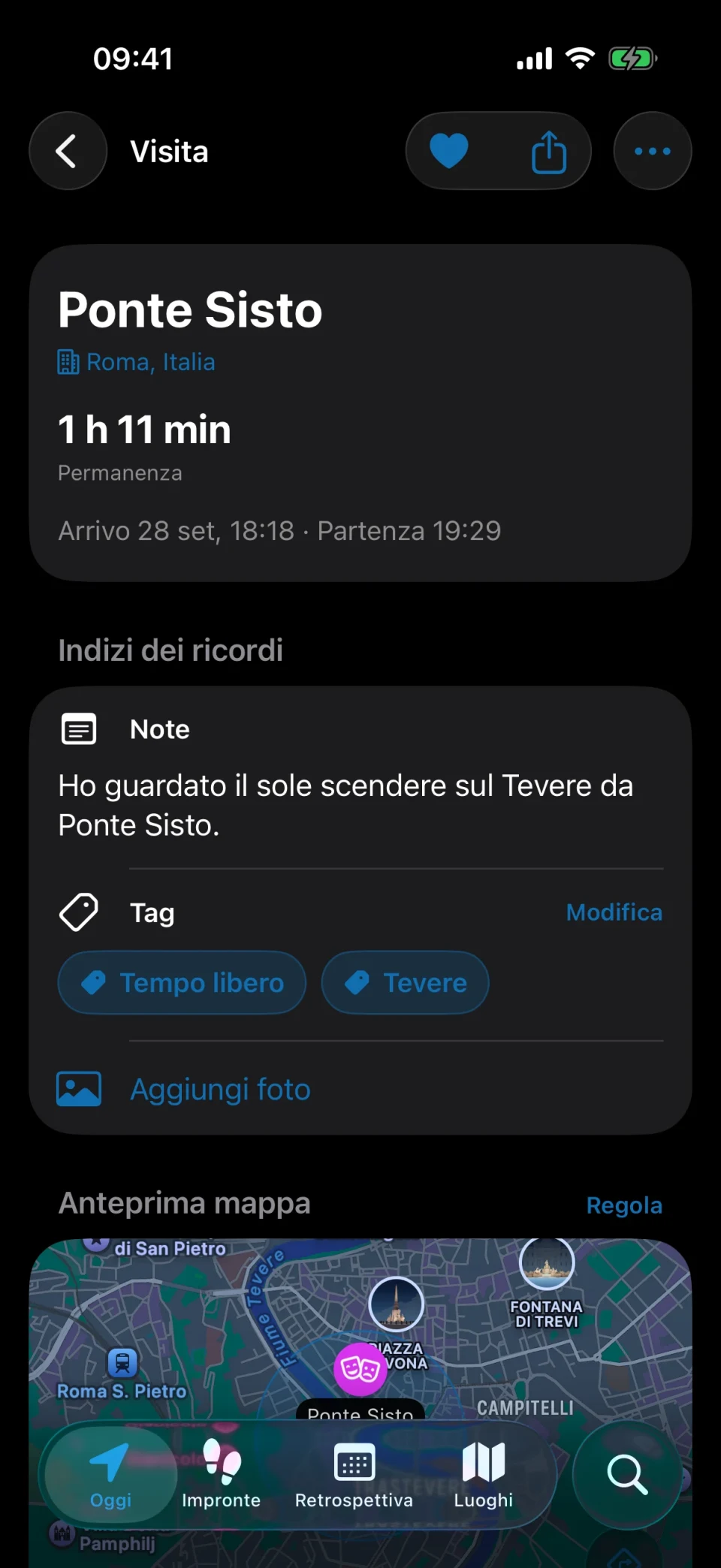 Dettaglio della visita in MeTrail con durata della permanenza, azioni rapide e note salvate