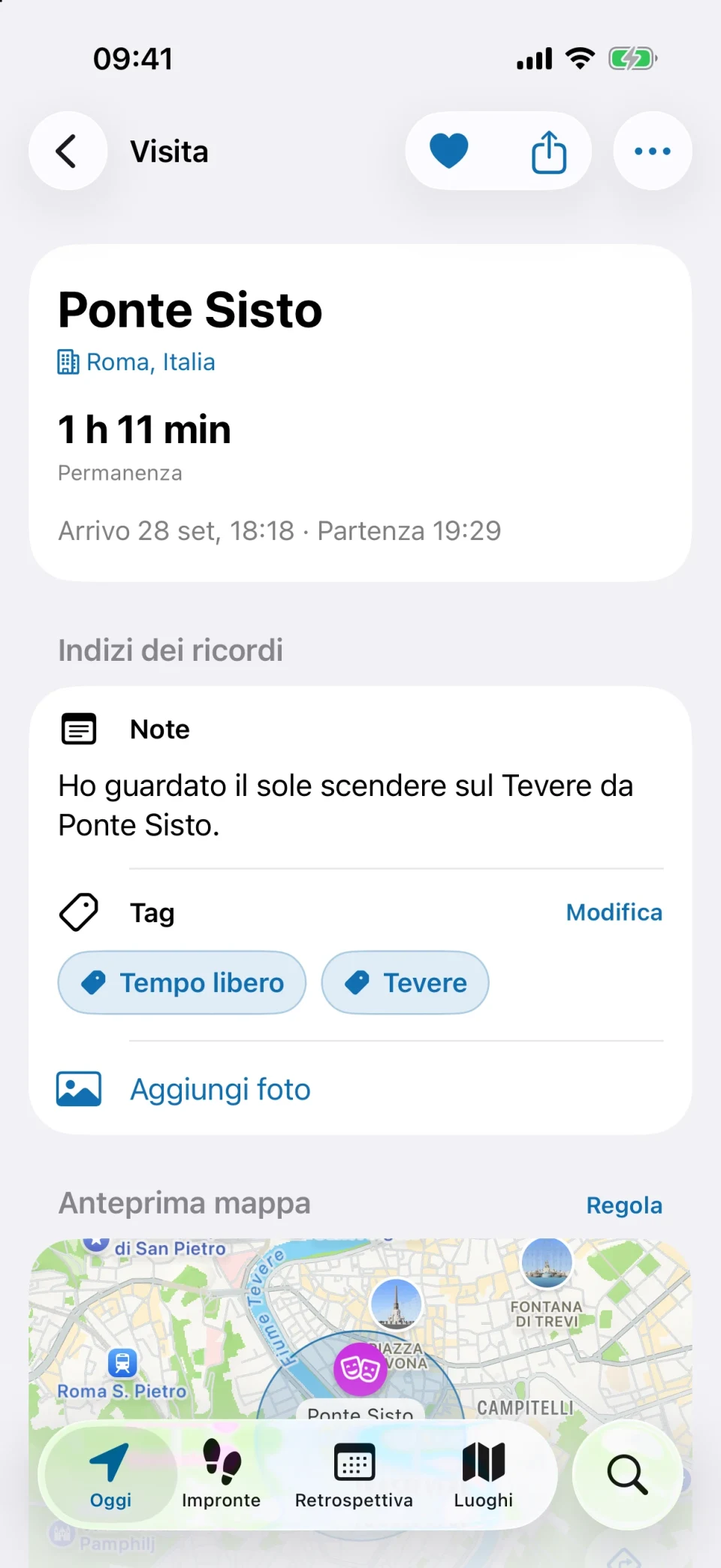 Dettaglio della visita in MeTrail con durata della permanenza, azioni rapide e note salvate