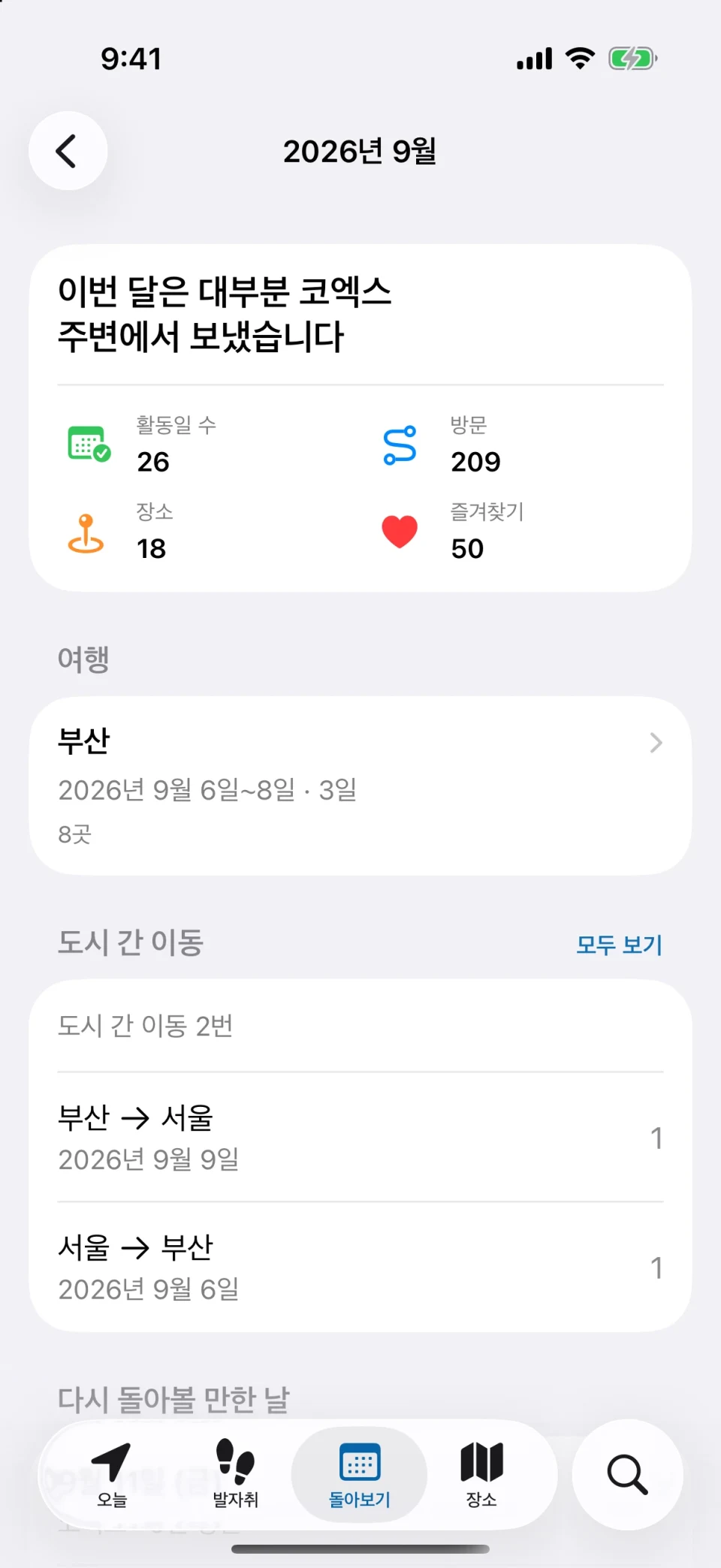 MeTrail 월간 돌아보기: 이번 달 활동 일수, 방문 횟수, 지난달 비교