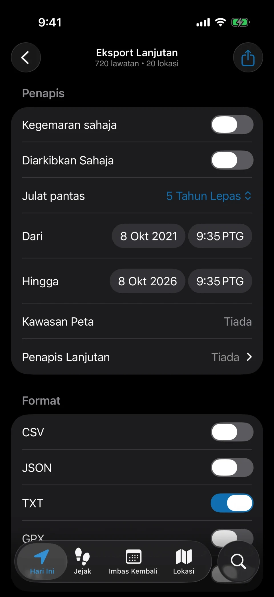Eksport lanjutan dalam MeTrail dengan penapis dan pilihan format