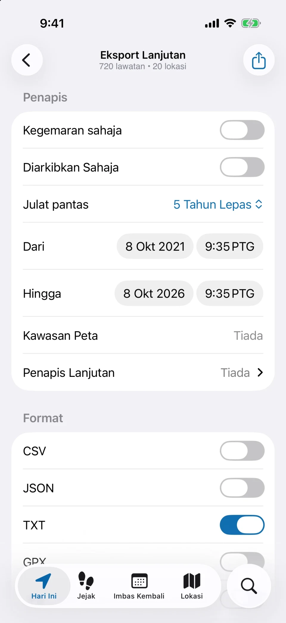 Eksport lanjutan dalam MeTrail dengan penapis dan pilihan format