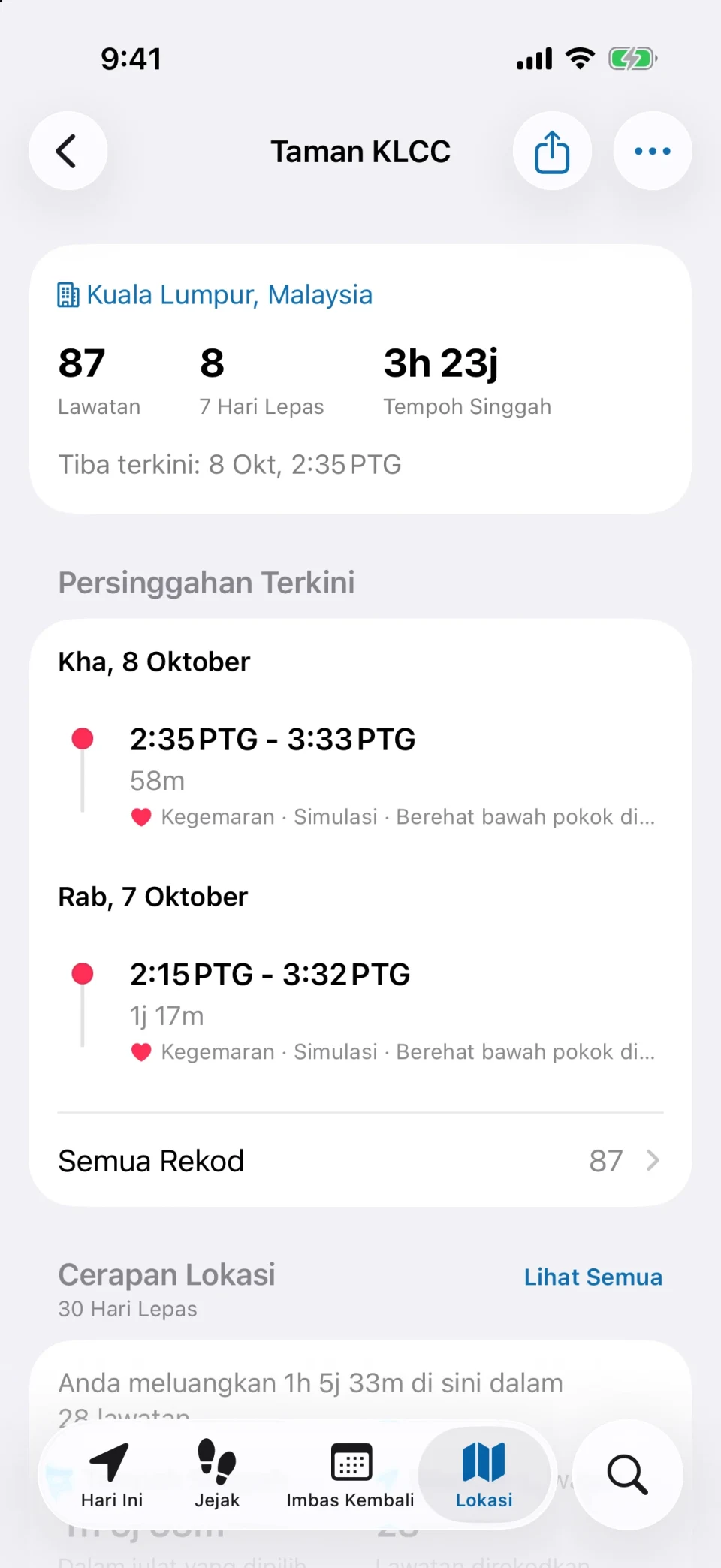 Butiran lokasi dalam MeTrail dengan bilangan lawatan, tempoh persinggahan dan sejarah