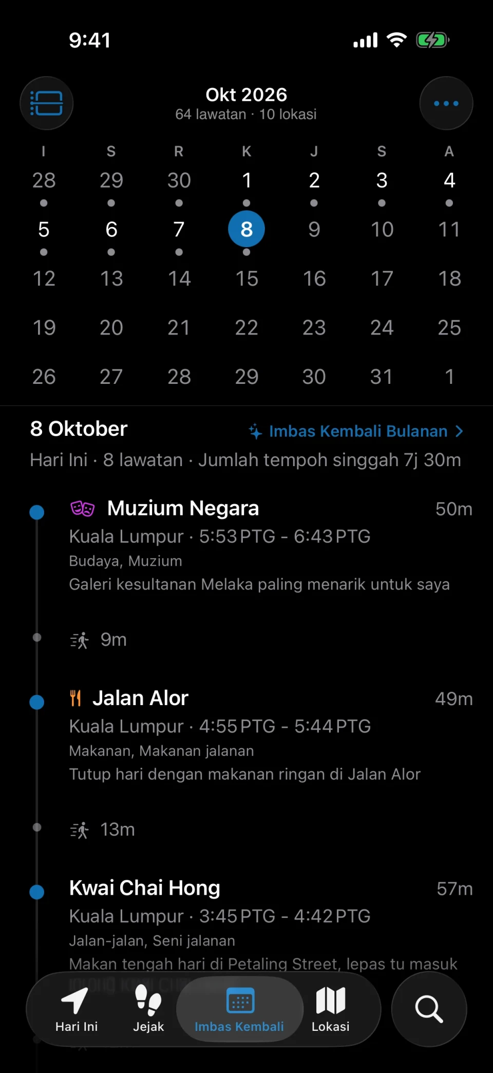 Tab Imbasan dalam MeTrail dengan sebulan hari yang direkodkan