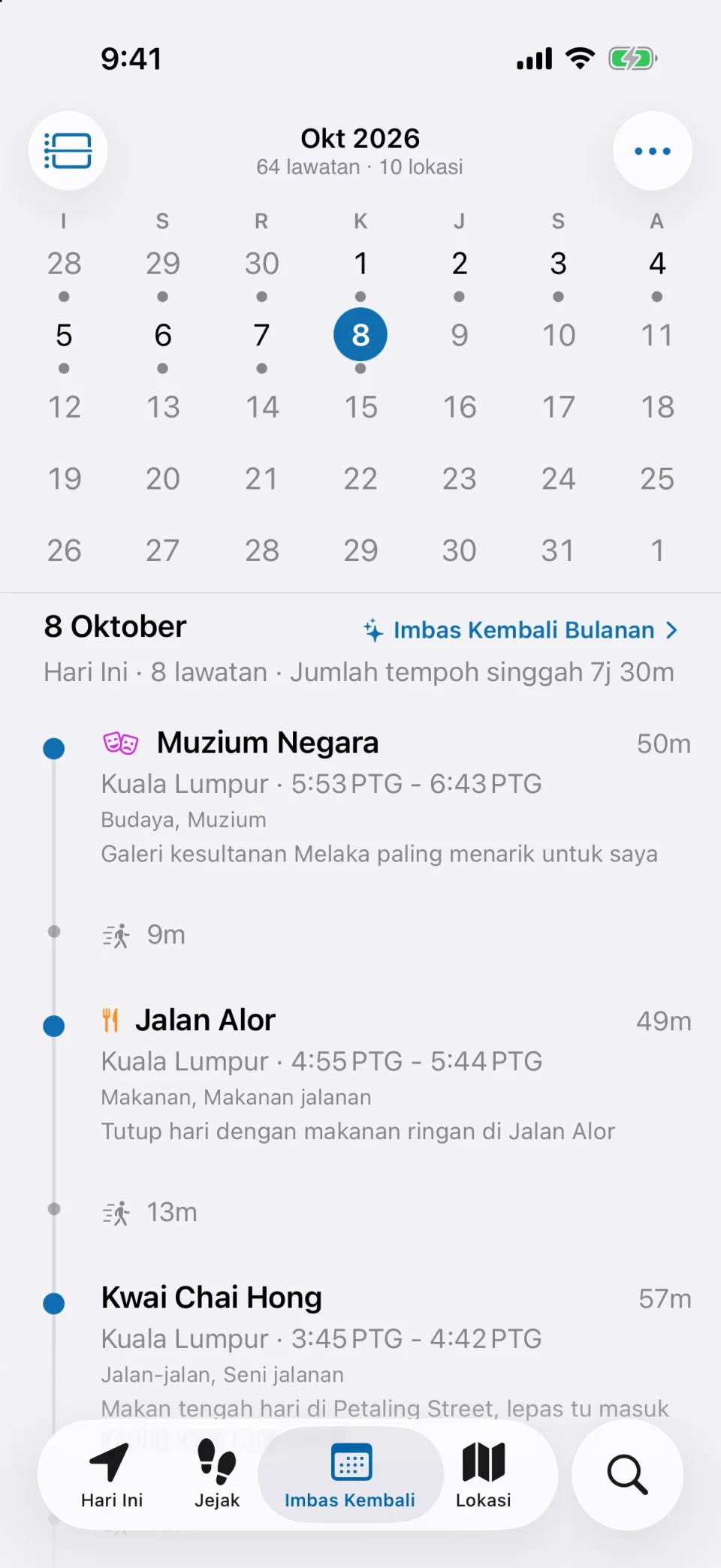 Tab Imbasan dalam MeTrail dengan sebulan hari yang direkodkan