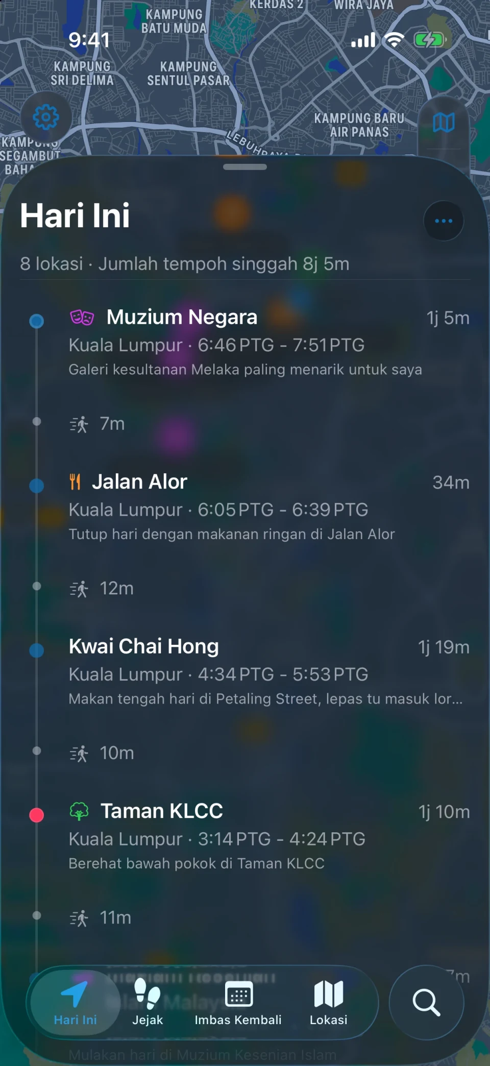 Skrin Hari Ini dalam MeTrail dengan laluan hari itu dan lokasi mengikut urutan