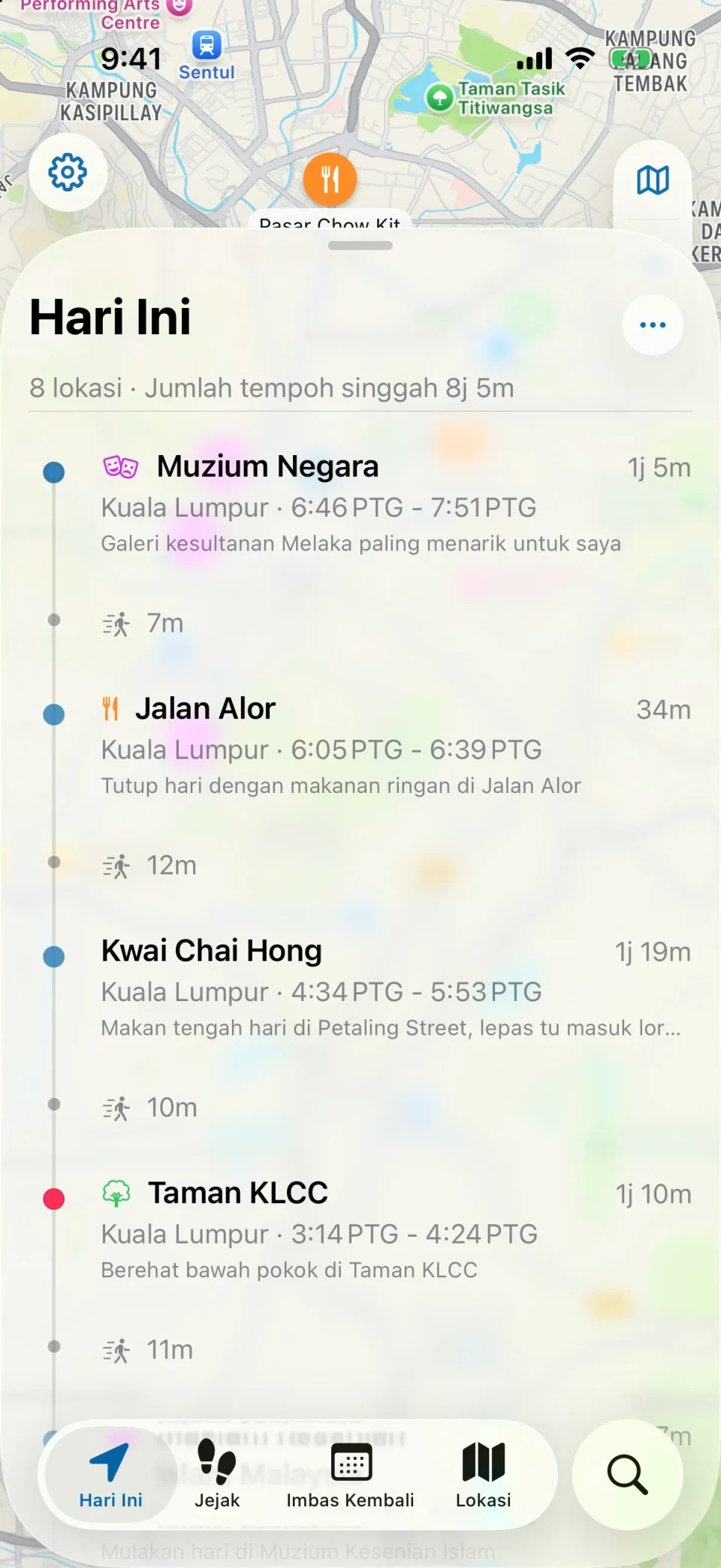 Skrin Hari Ini dalam MeTrail dengan laluan hari itu dan lokasi mengikut urutan