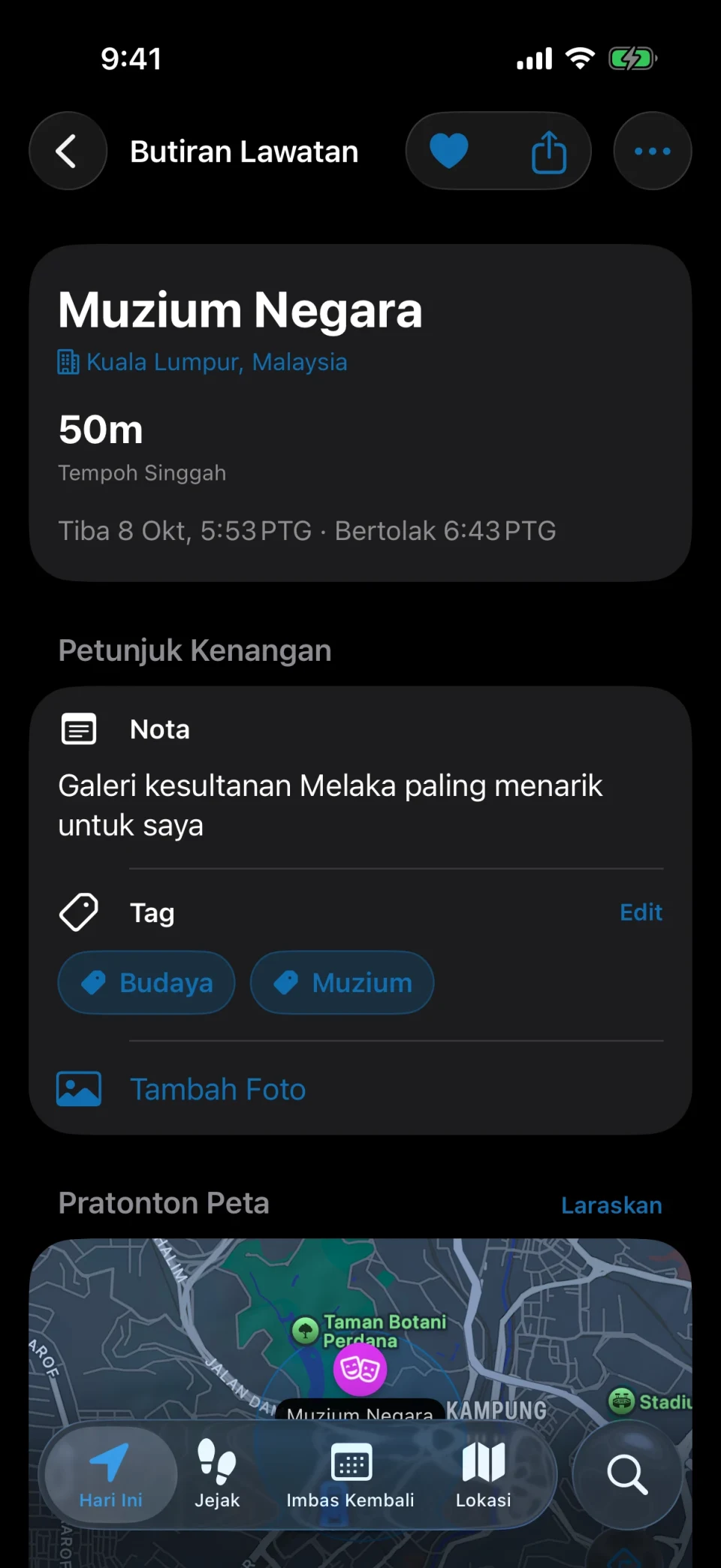 Butiran lawatan dalam MeTrail dengan tempoh persinggahan, tindakan pantas dan nota yang disimpan