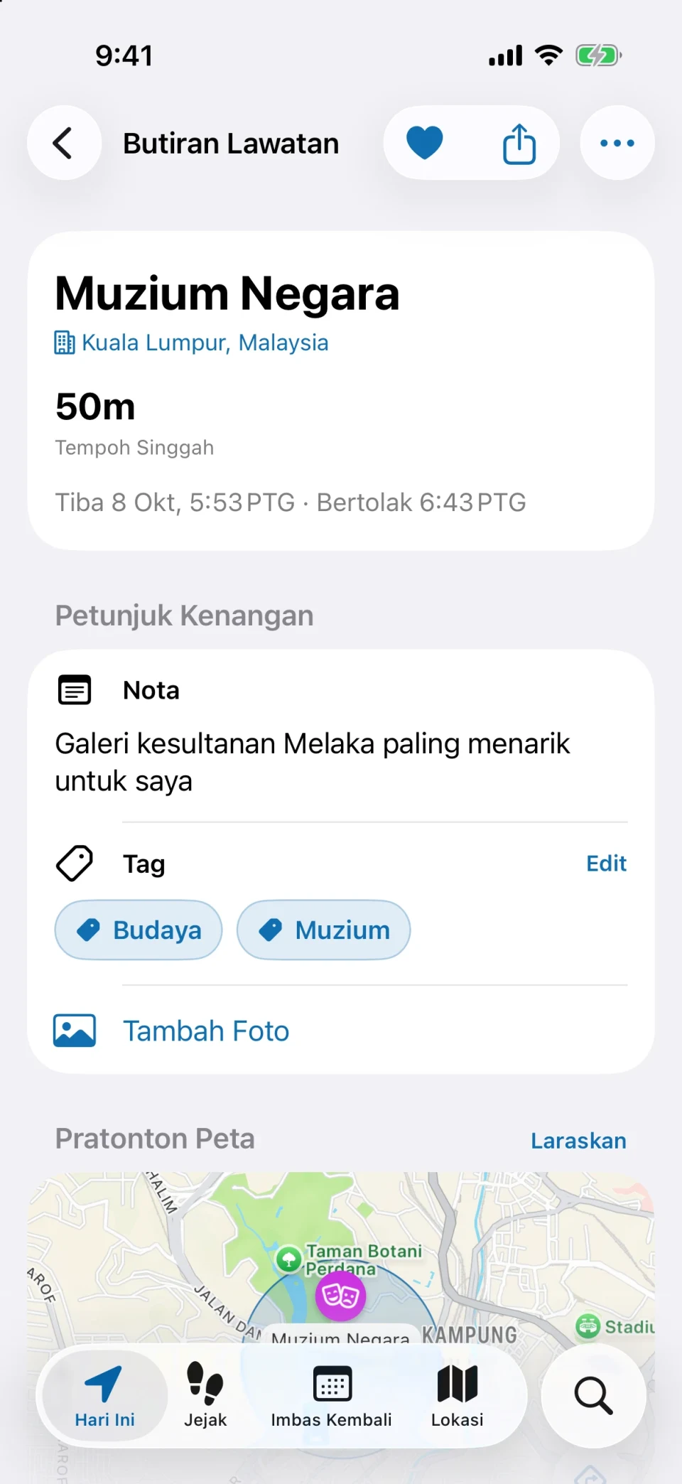 Butiran lawatan dalam MeTrail dengan tempoh persinggahan, tindakan pantas dan nota yang disimpan