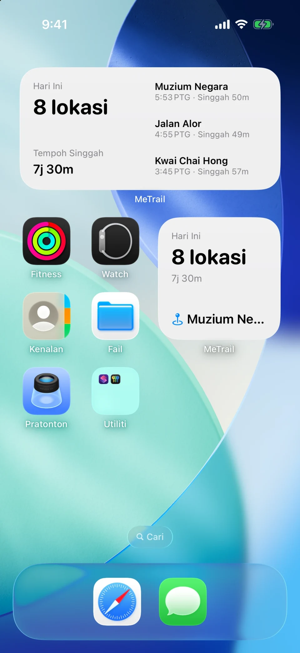 Widget Skrin Utama MeTrail dengan ringkasan hari ini dan rekod terkini