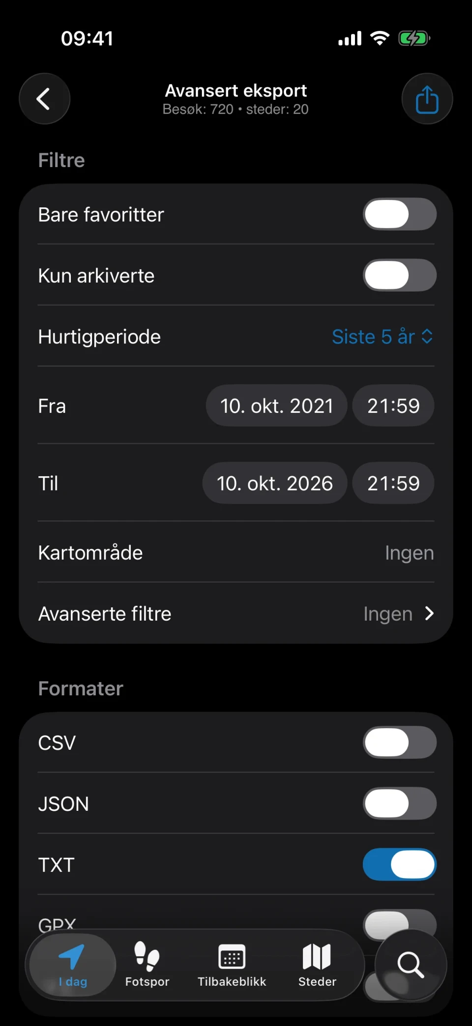Avansert eksport i MeTrail med filtre og formatvalg