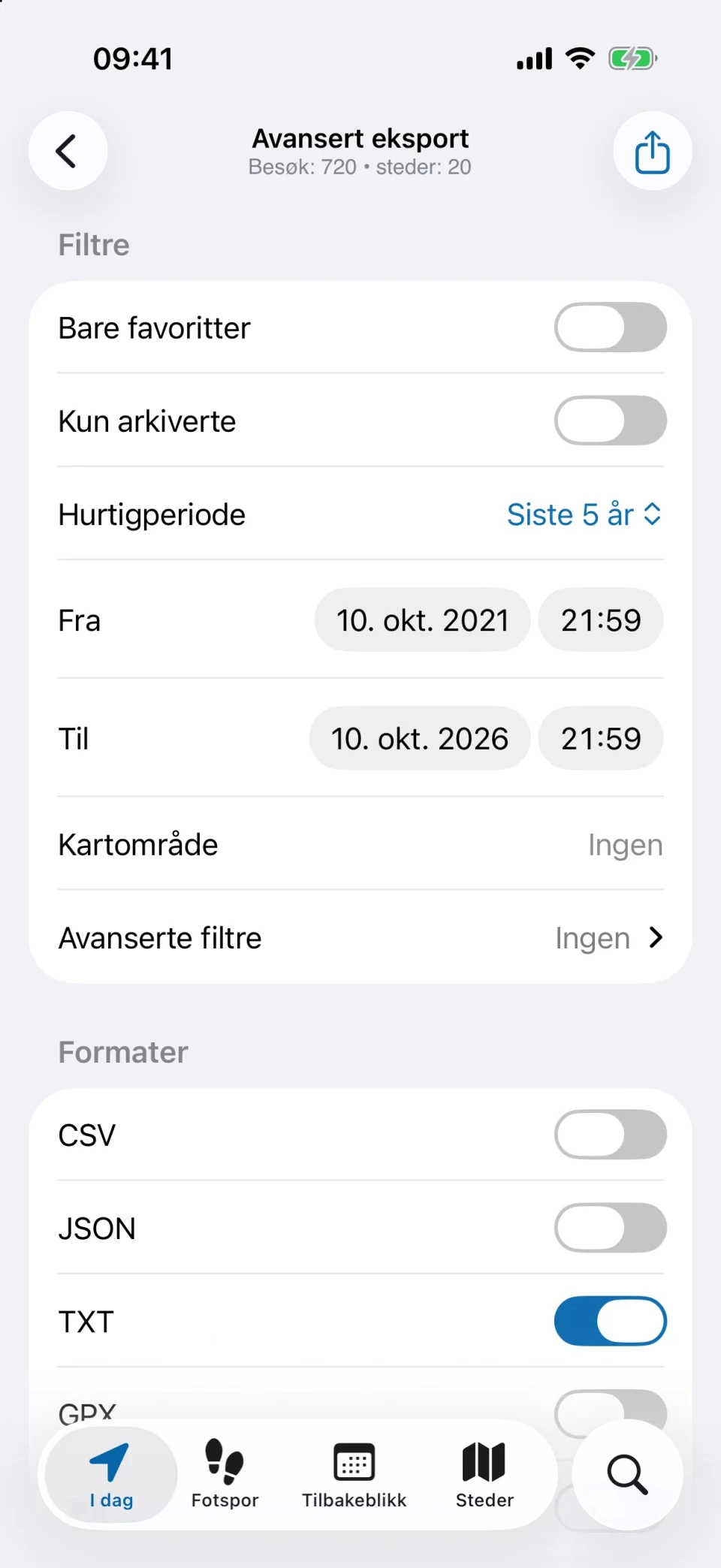 Avansert eksport i MeTrail med filtre og formatvalg