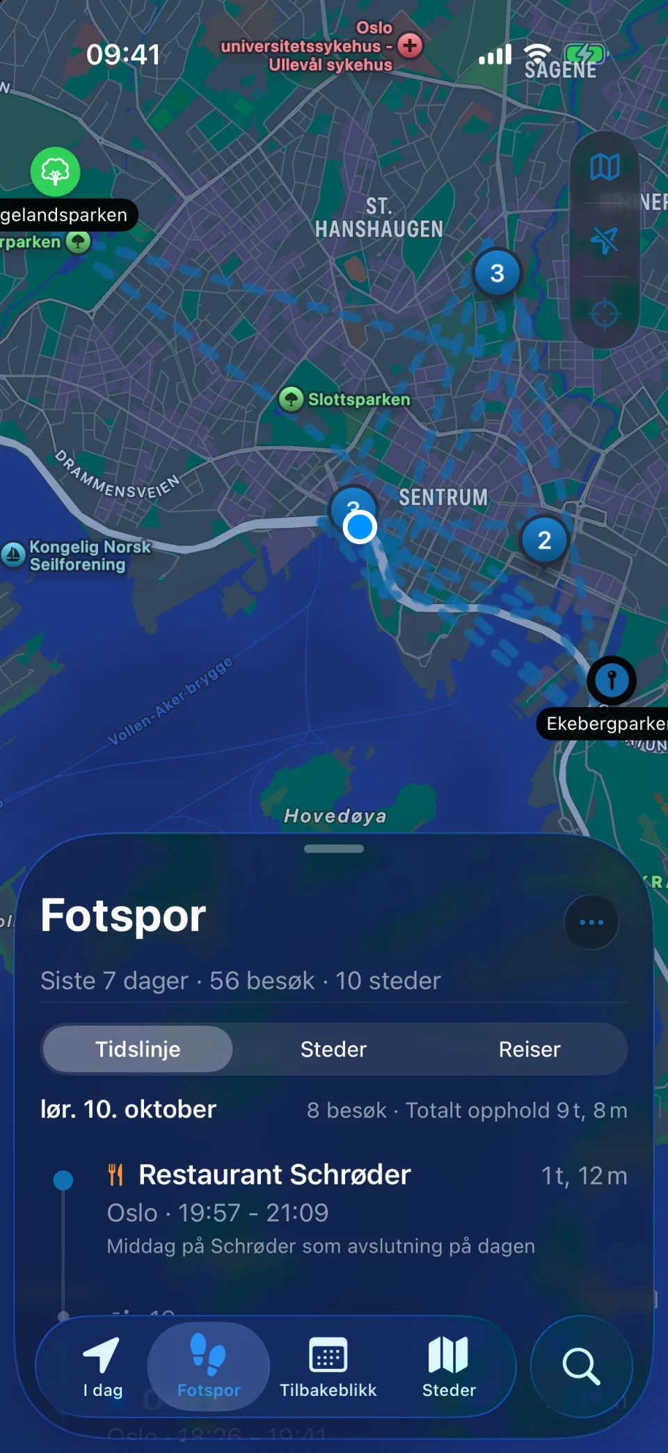 Fotspor-skjermen i MeTrail med en oppsummering av besøkte steder og besøkene dag for dag