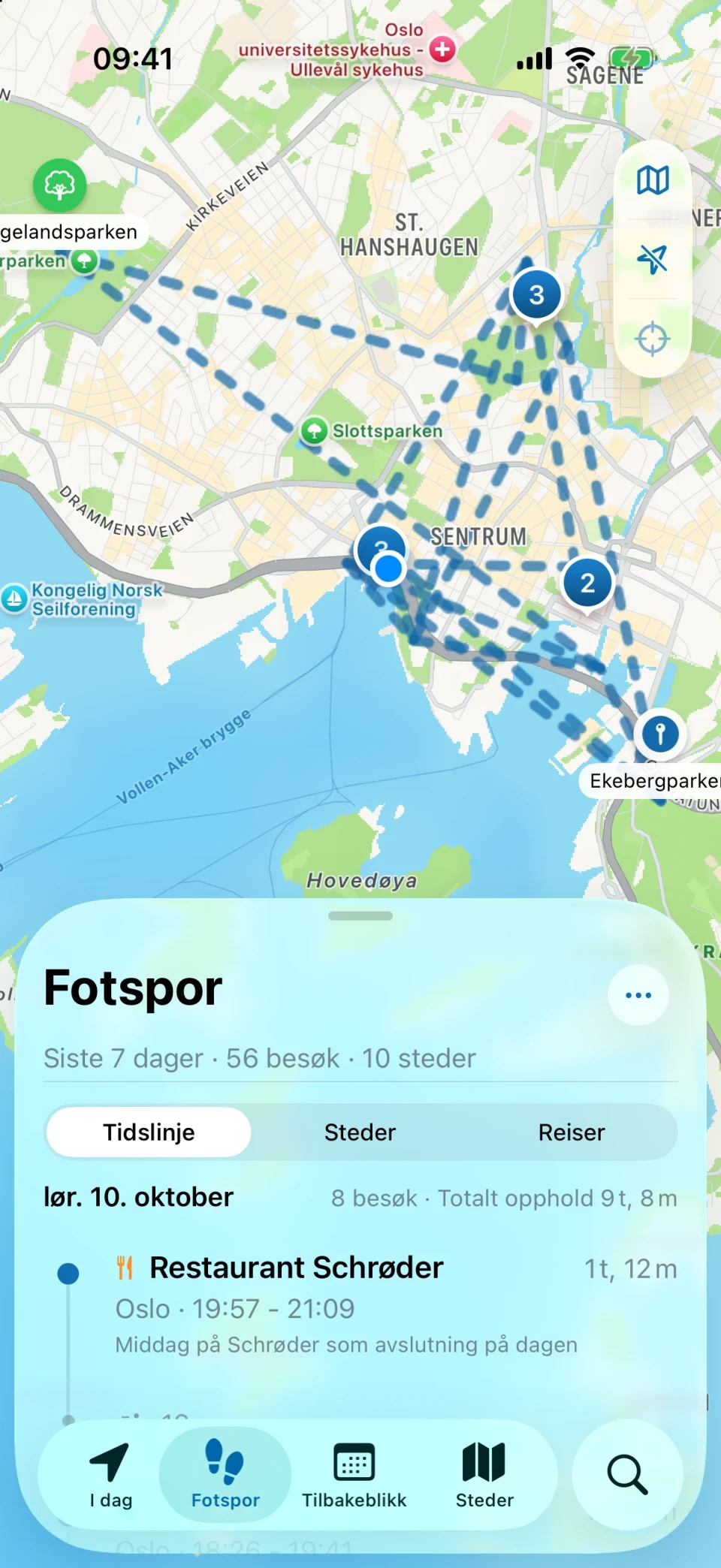 Fotspor-skjermen i MeTrail med en oppsummering av besøkte steder og besøkene dag for dag