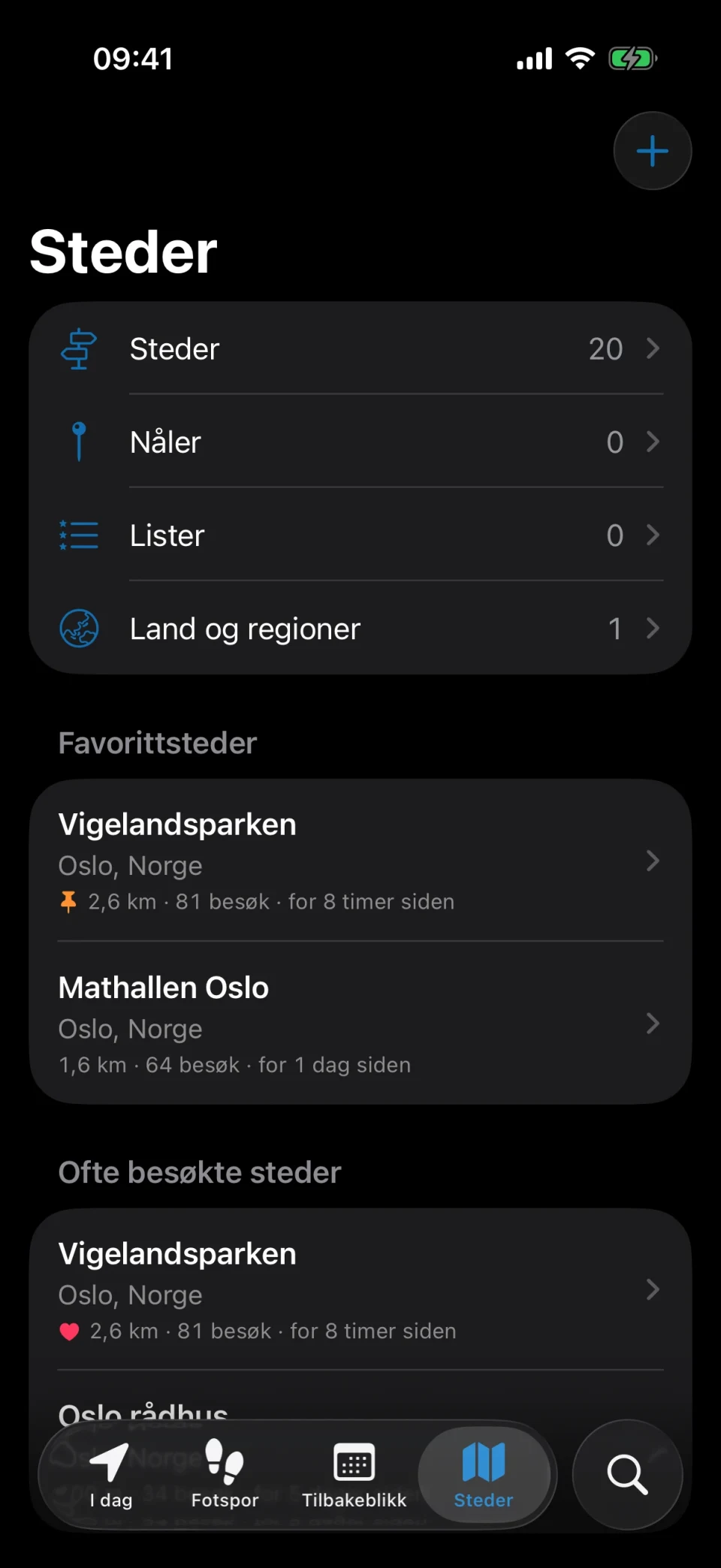 Steder-fanen i MeTrail med ofte besøkte steder, favoritter og tagger