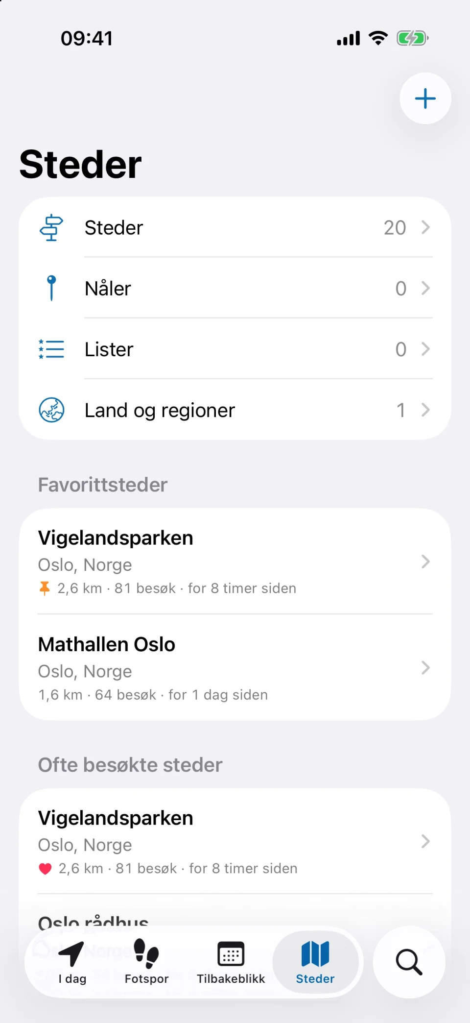 Steder-fanen i MeTrail med ofte besøkte steder, favoritter og tagger