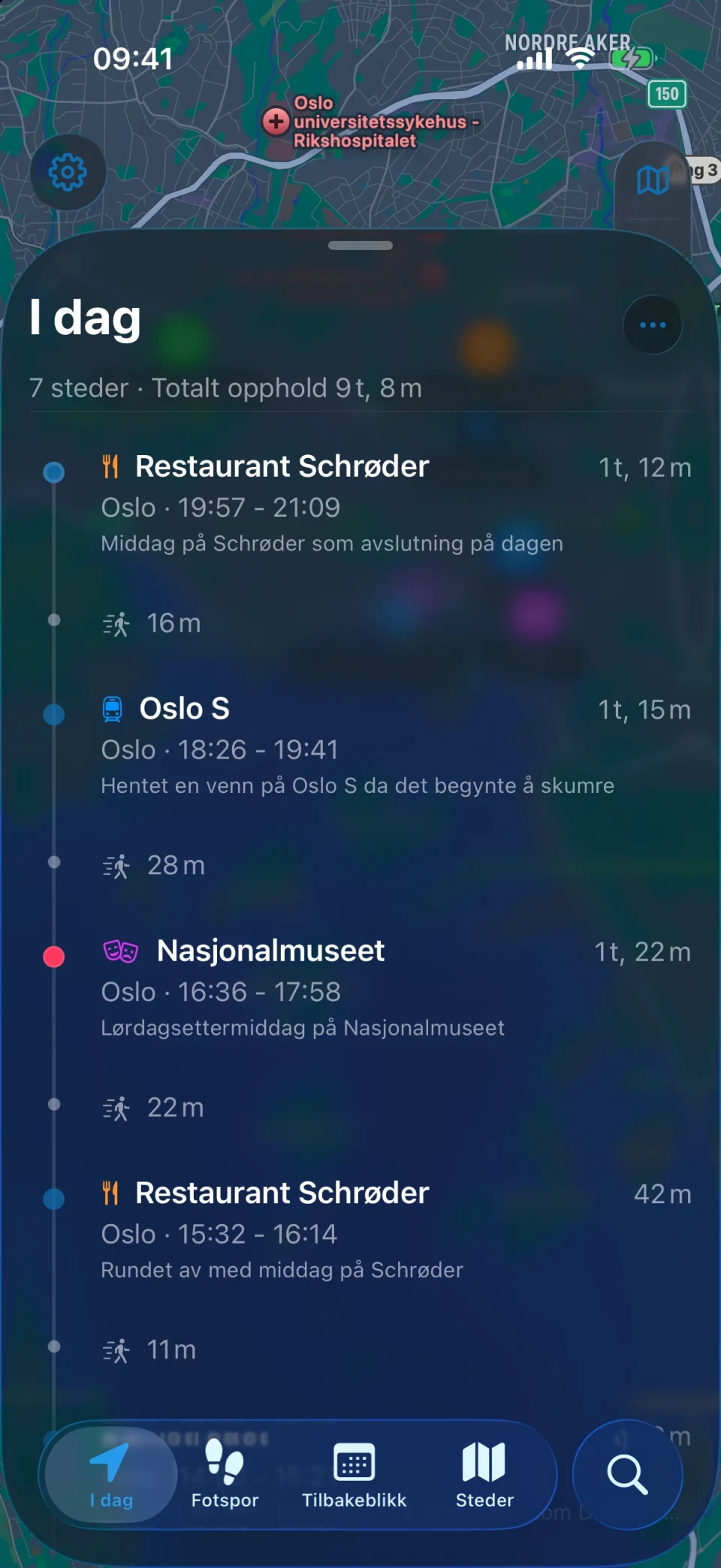 I dag-skjermen i MeTrail med dagens rute og stedene i rekkefølge
