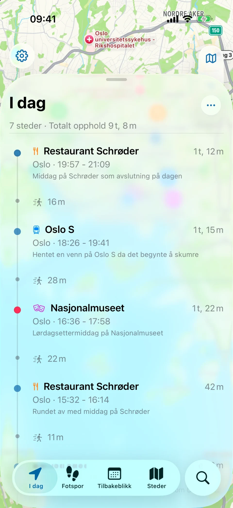 I dag-skjermen i MeTrail med dagens rute og stedene i rekkefølge