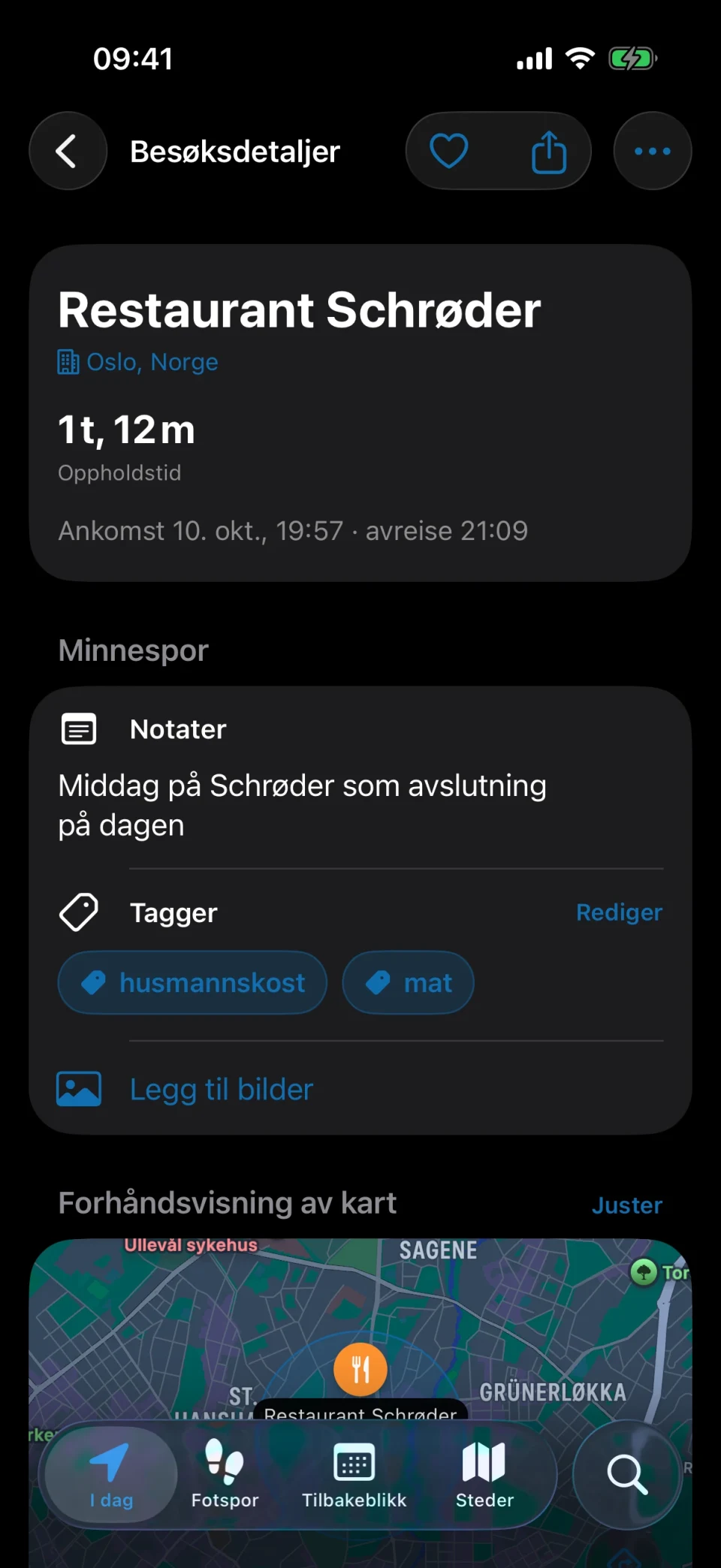 Besøksdetaljer i MeTrail med oppholdstid, hurtighandlinger og lagrede notater