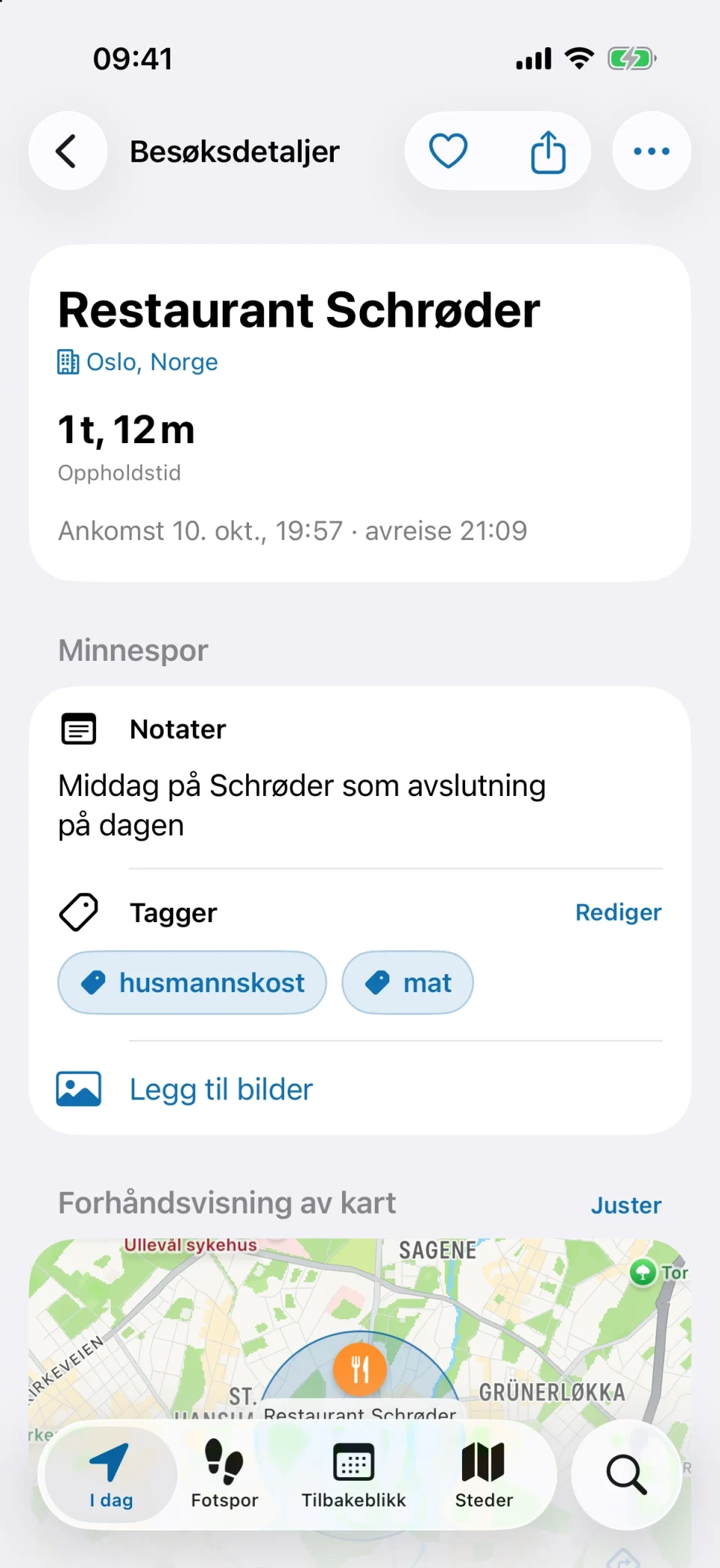 Besøksdetaljer i MeTrail med oppholdstid, hurtighandlinger og lagrede notater