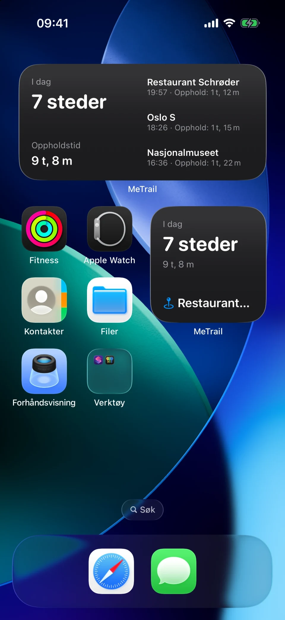 MeTrails widget på Hjem-skjermen med dagens oppsummering og siste oppføringer