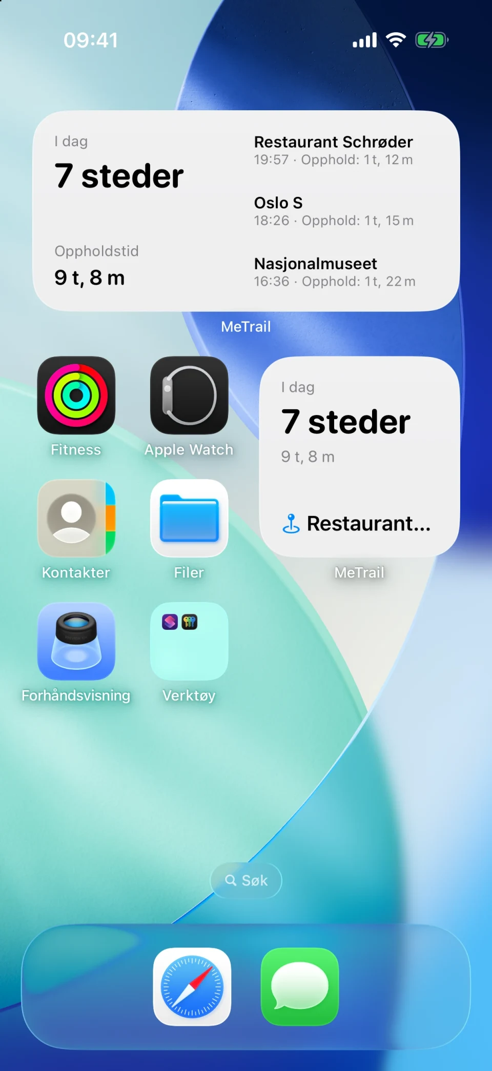 MeTrails widget på Hjem-skjermen med dagens oppsummering og siste oppføringer