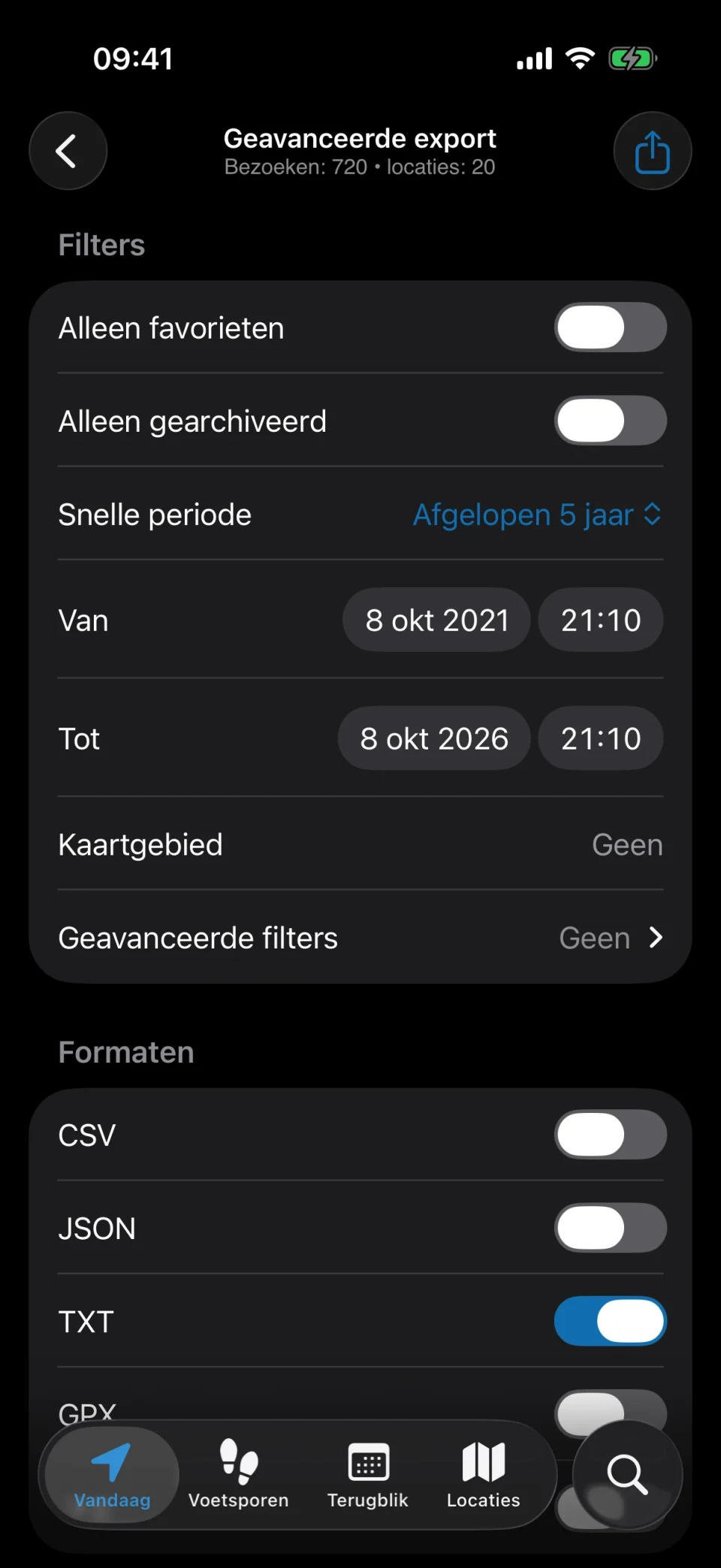 Geavanceerde export in MeTrail met filters en formaatopties
