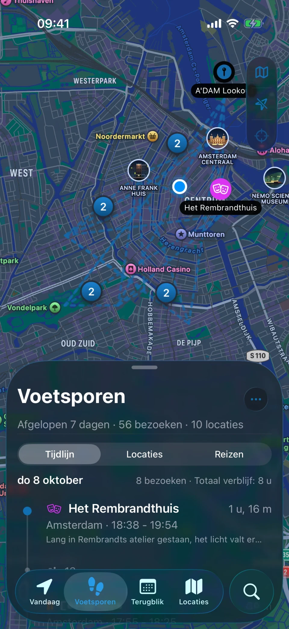 Voetsporen-weergave van MeTrail met een overzicht van bezochte plekken en de bezoeken per dag