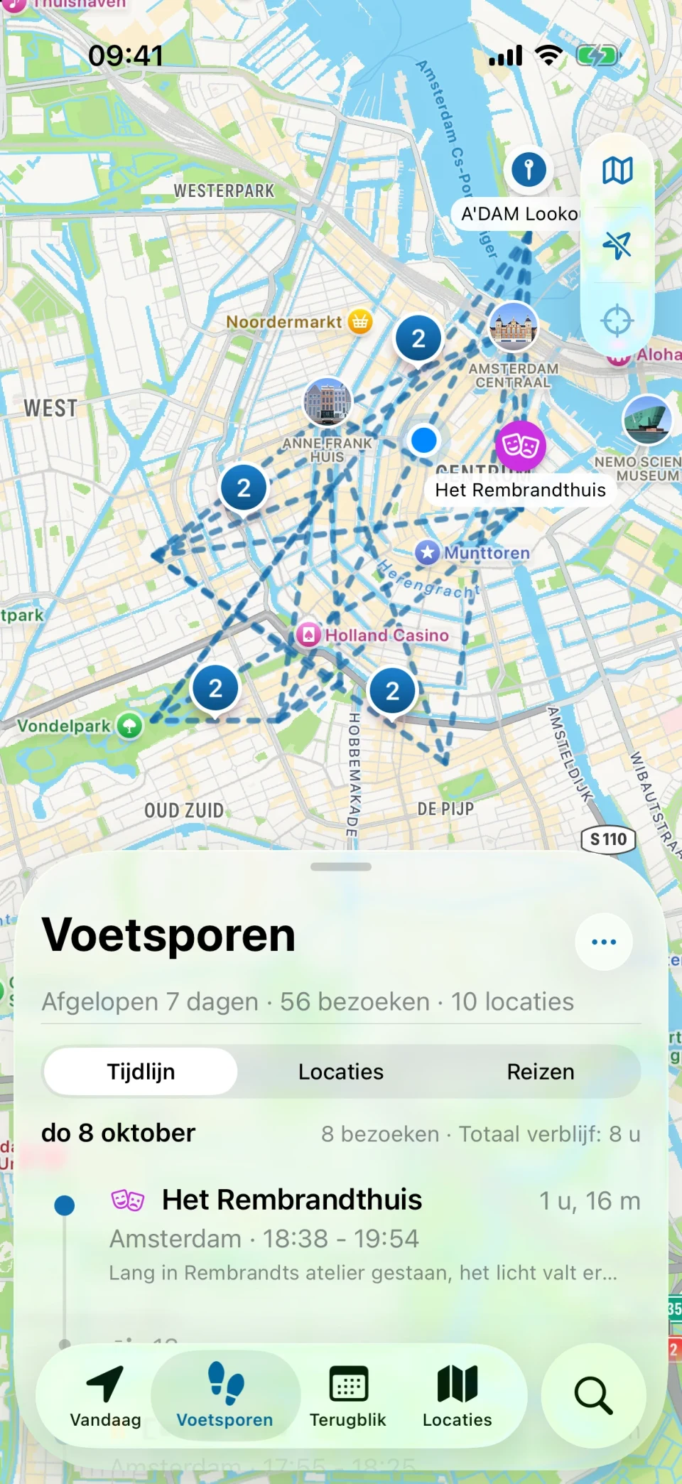 Voetsporen-weergave van MeTrail met een overzicht van bezochte plekken en de bezoeken per dag