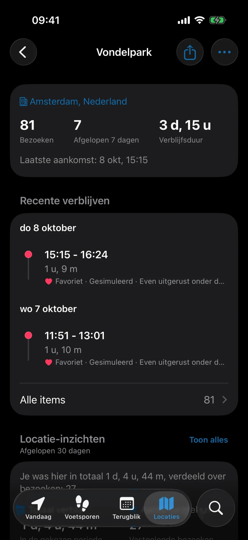 Locatiedetails in MeTrail met aantal bezoeken, verblijfsduur en geschiedenis