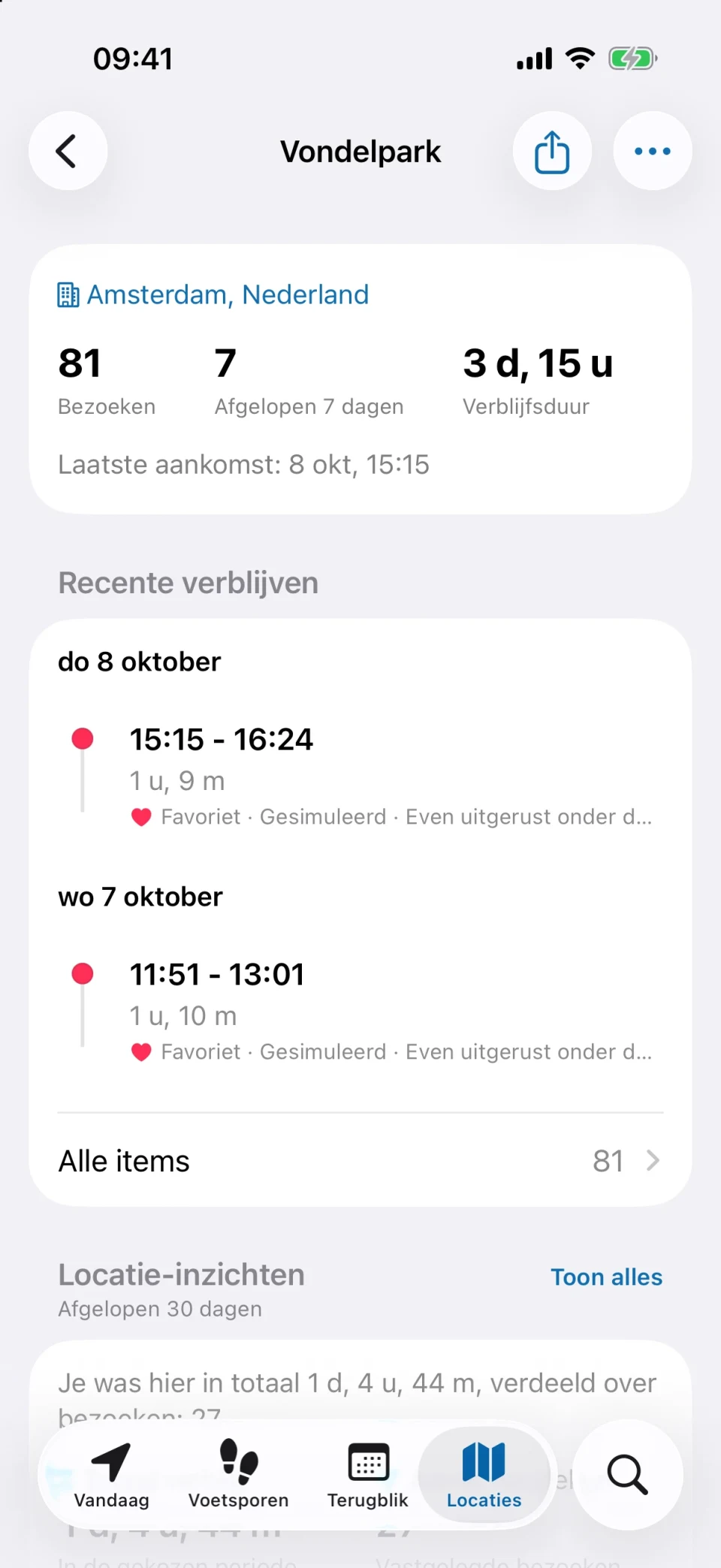 Locatiedetails in MeTrail met aantal bezoeken, verblijfsduur en geschiedenis